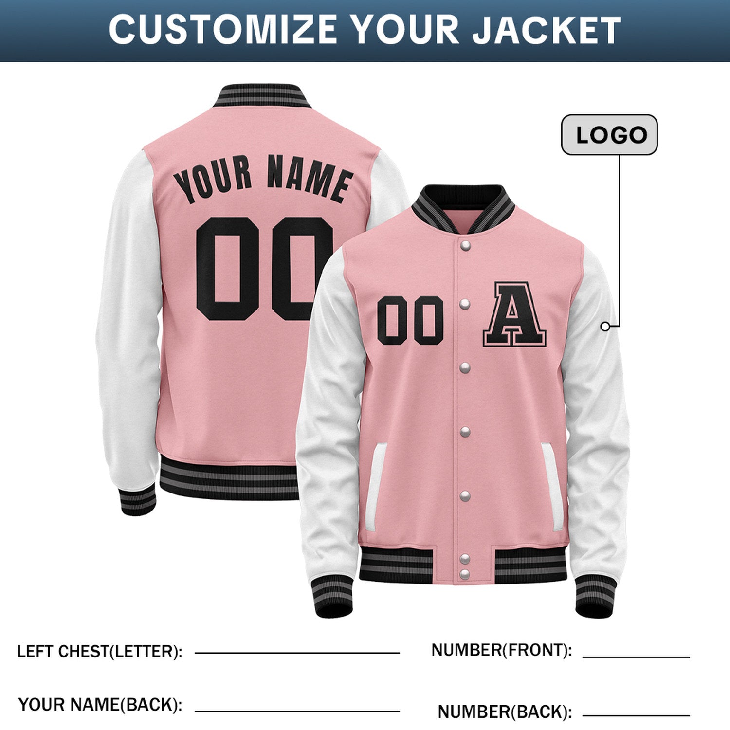 Custom Varsity Jacket with Stitched Name & Number | Pink & White Personalized Team Letterman Bomber