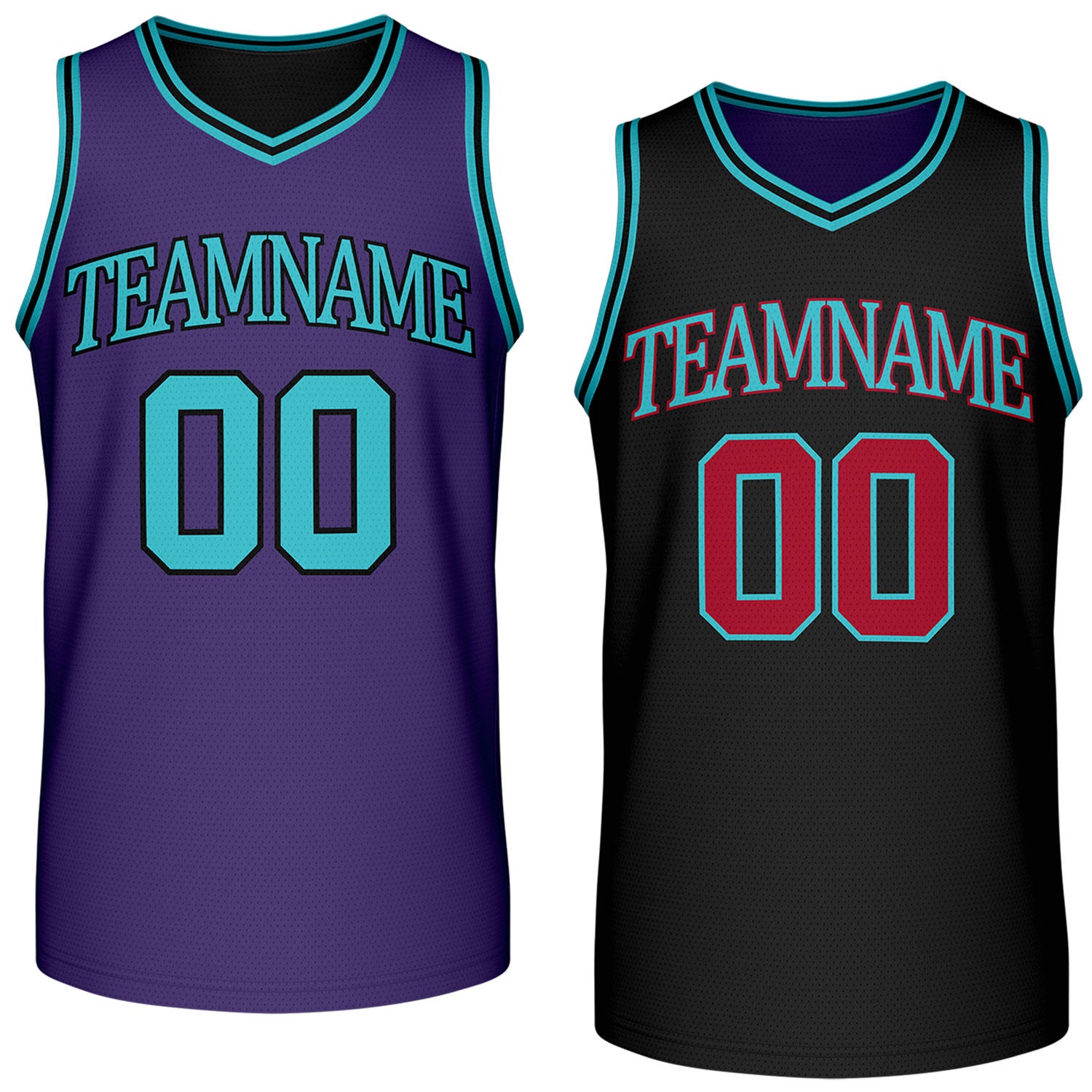 Custom reversible retro purple & black basketball jersey (teal/red accents), personalized team name & number, 2-in-1 sleeveless uniform for men women youth adult game practice - Vosoli