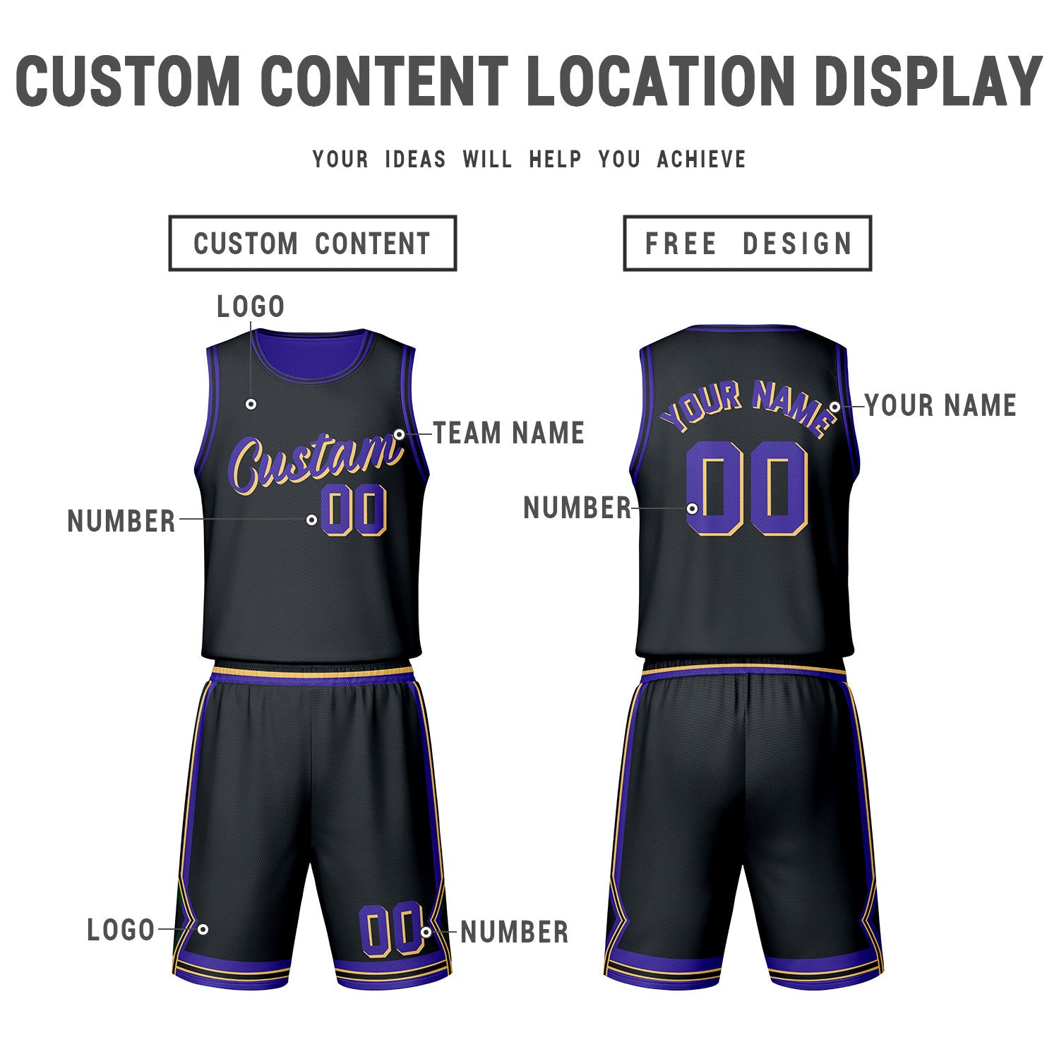 Custom Purple Black Reversible Basketball Jersey Set | Personalized Name Number Mesh Sports Uniform