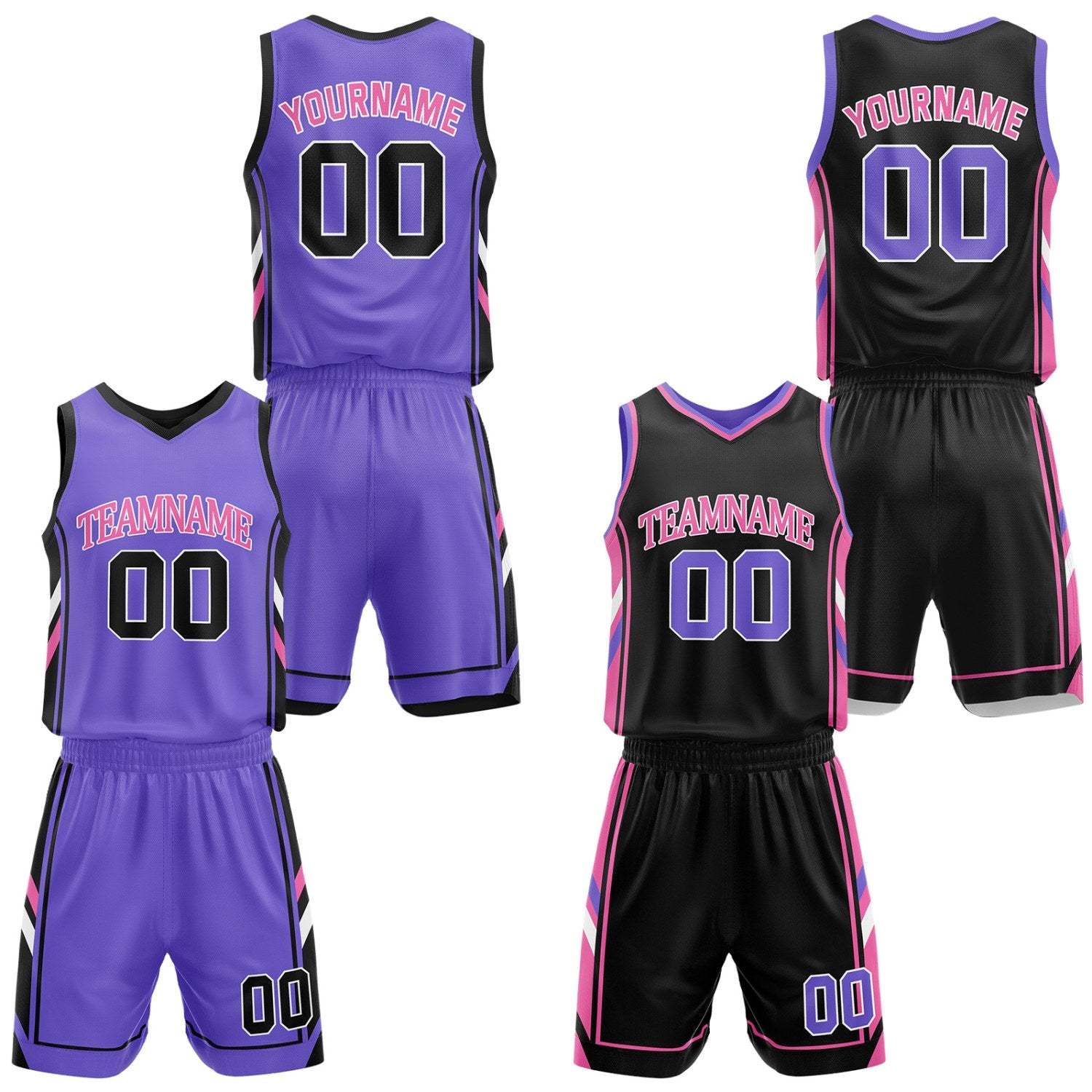 Custom purple & black reversible basketball uniform set by Vosoli | Personalized team name, number & logo | Breathable mesh jersey and shorts sport set
