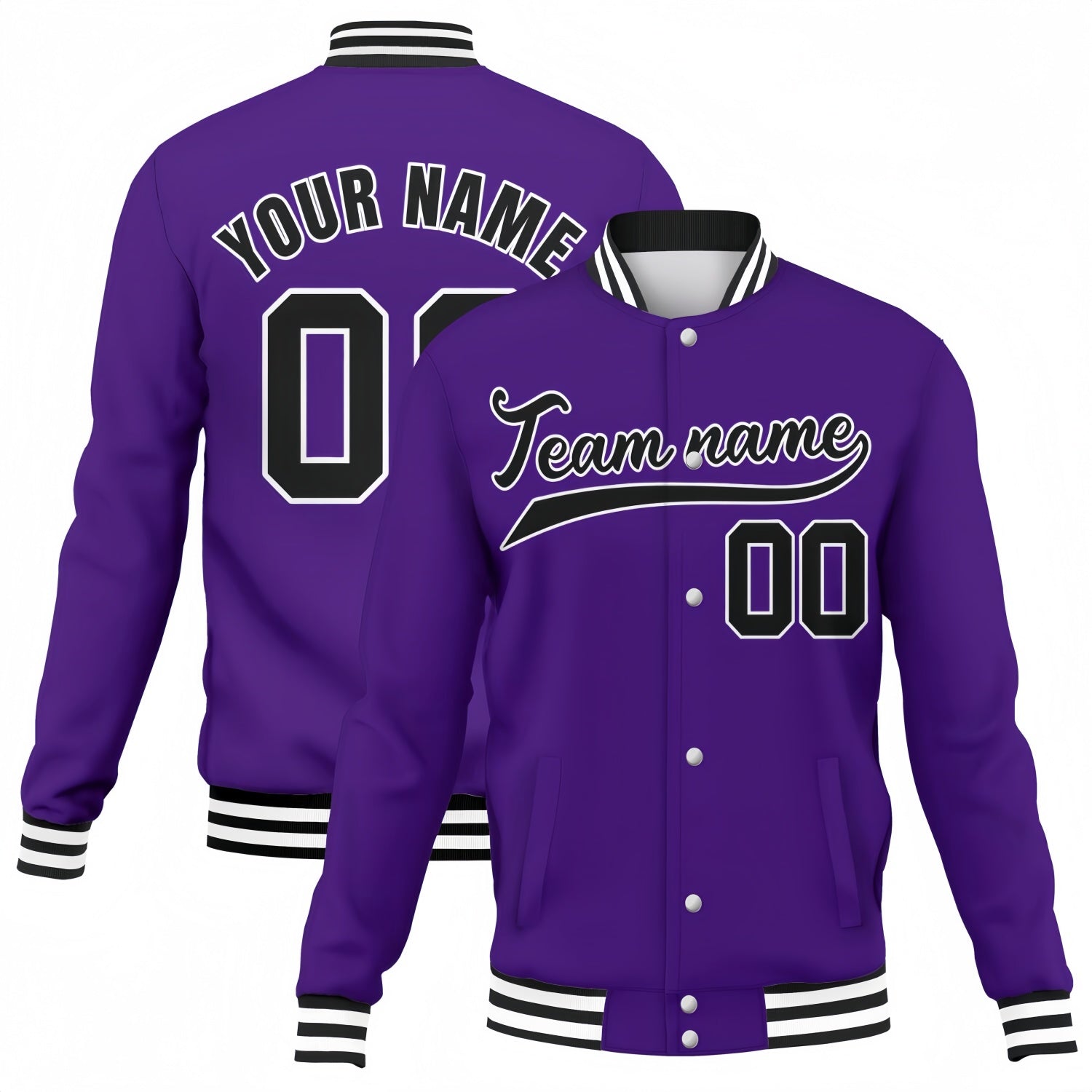 Custom purple-black stitched varsity baseball jacket by Vosoli | Personalized team name & number button-front jacket for youth & adults