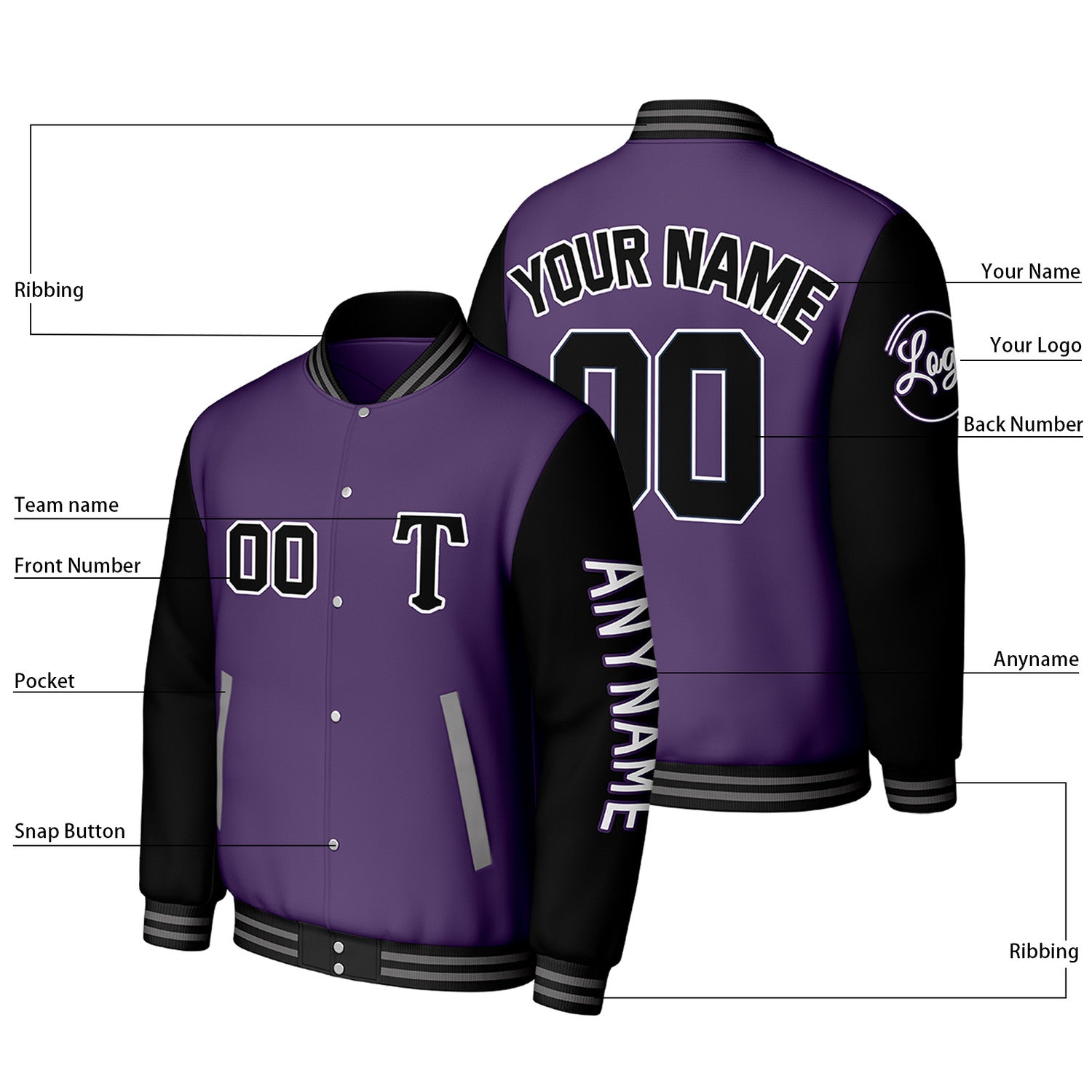 Custom Purple & Black Varsity Baseball Jacket | Personalized Letterman Baseball Bomber for Adult & Youth
