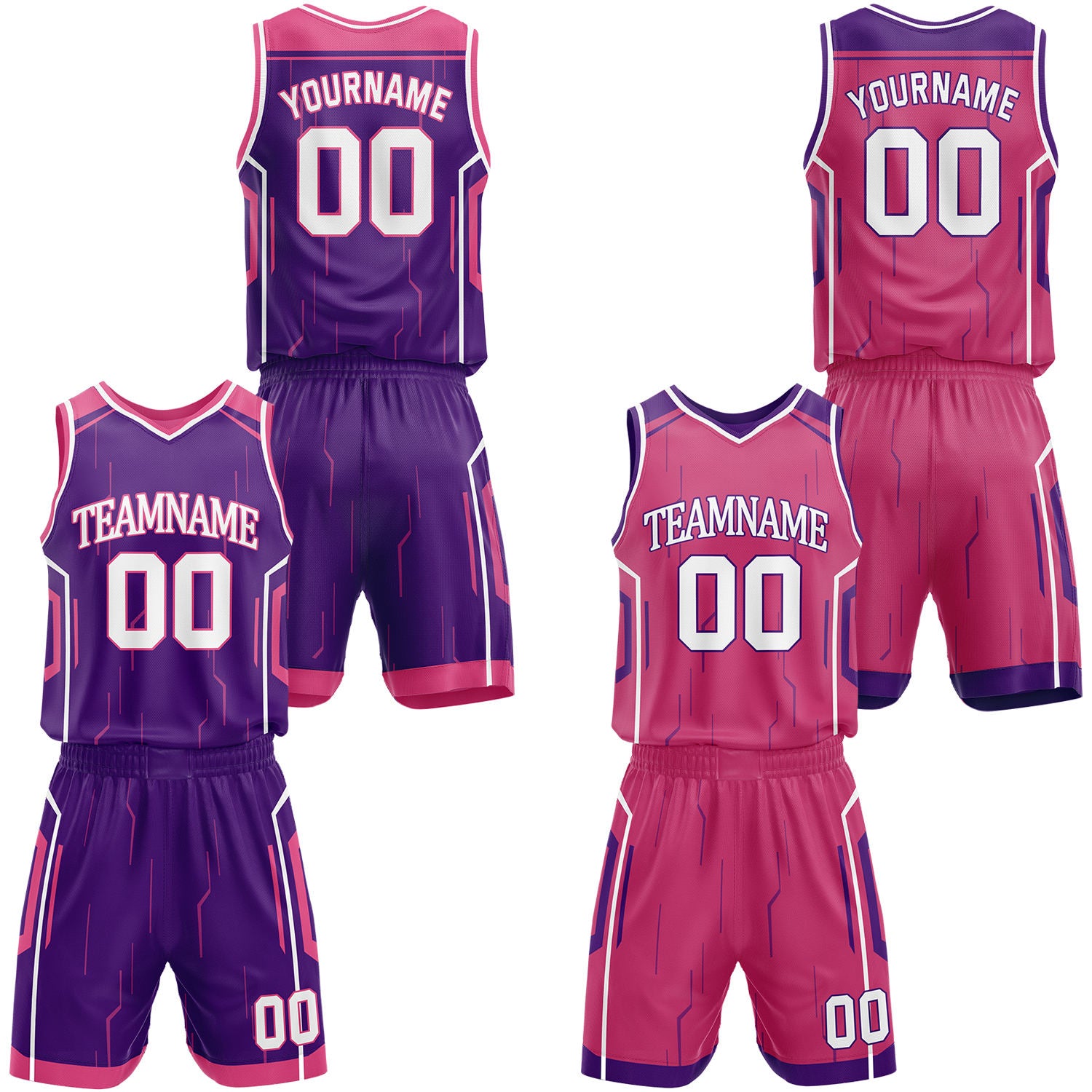 Custom purple & fuchsia reversible basketball jersey shorts set by Vosoli | Personalized block team name number tech geometric uniform sportswear