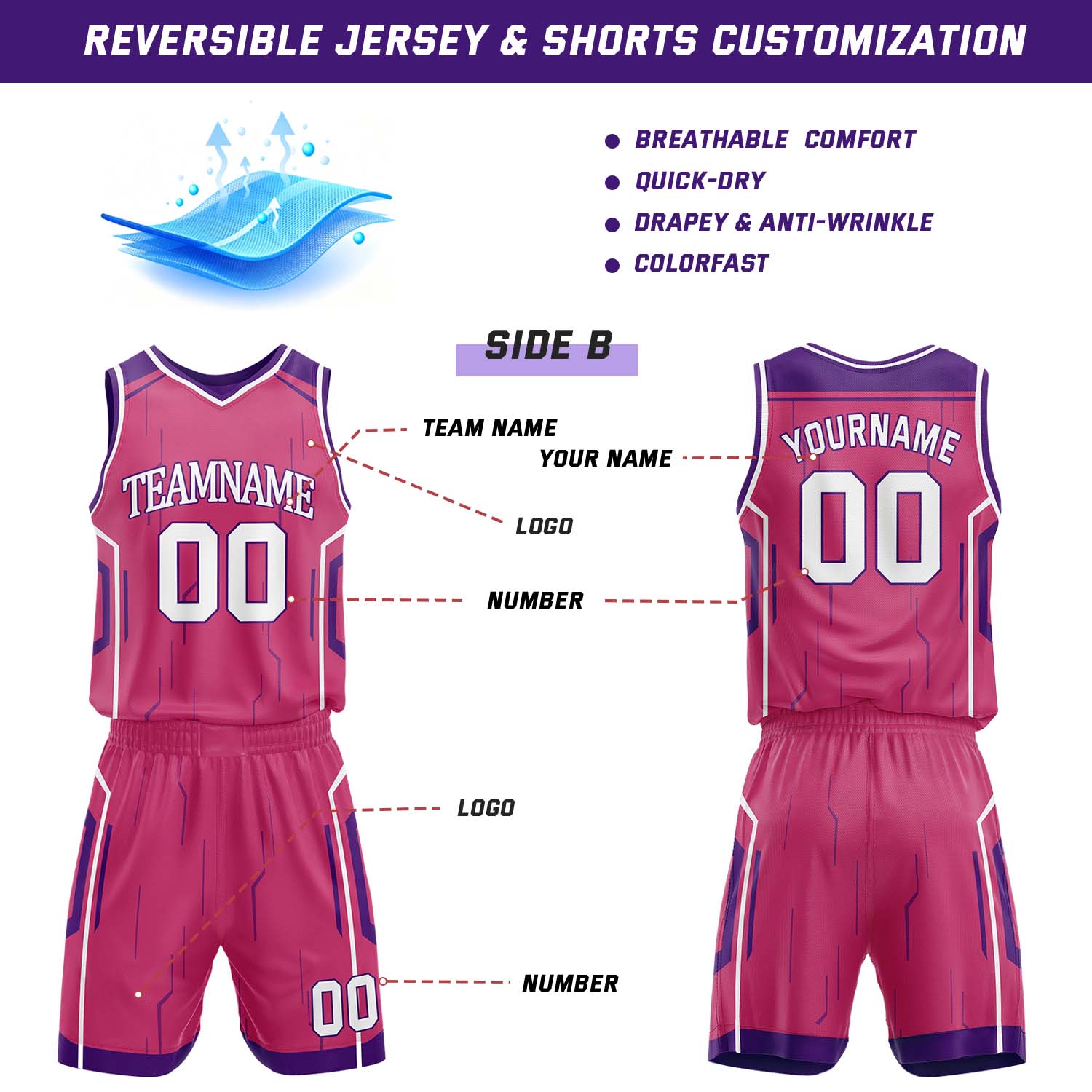 Custom Purple & Fuchsia Reversible Geometric Basketball Jersey Shorts Set | Personalized Team Uniform
