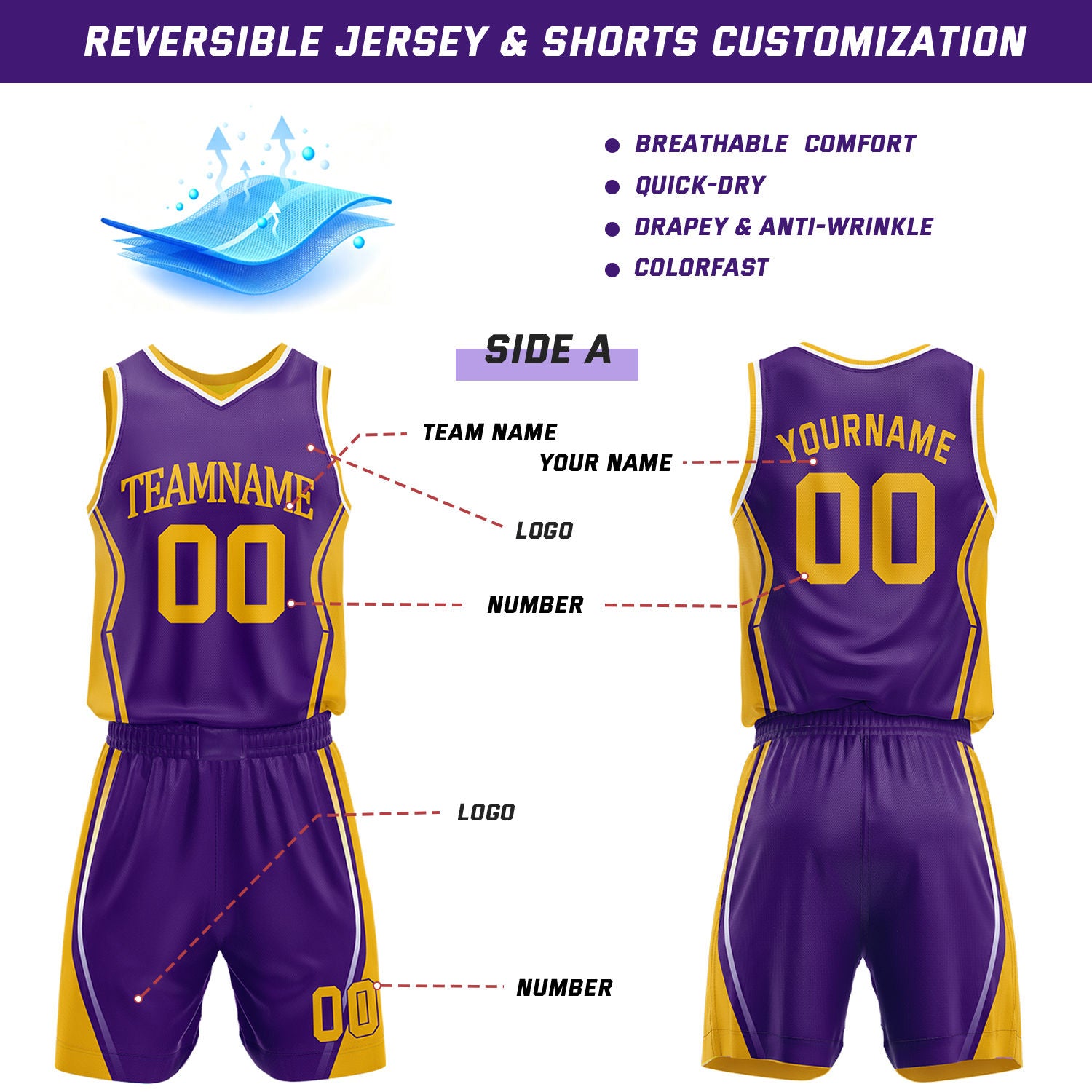 Custom Purple & Gold Reversible Geometric Basketball Jersey Shorts Set | Personalized Team Uniform