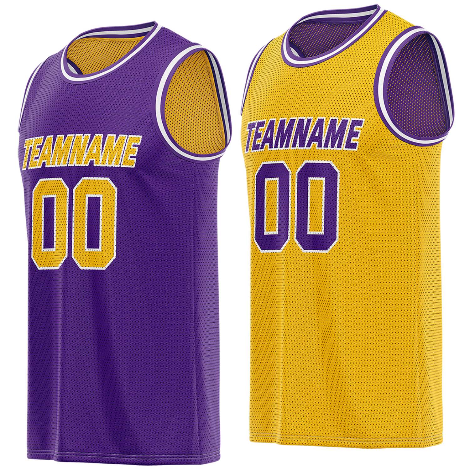 Custom purple & gold reversible basketball jersey, personalized team name number breathable mesh sports top with white trim for men women youth game practice - Vosoli
