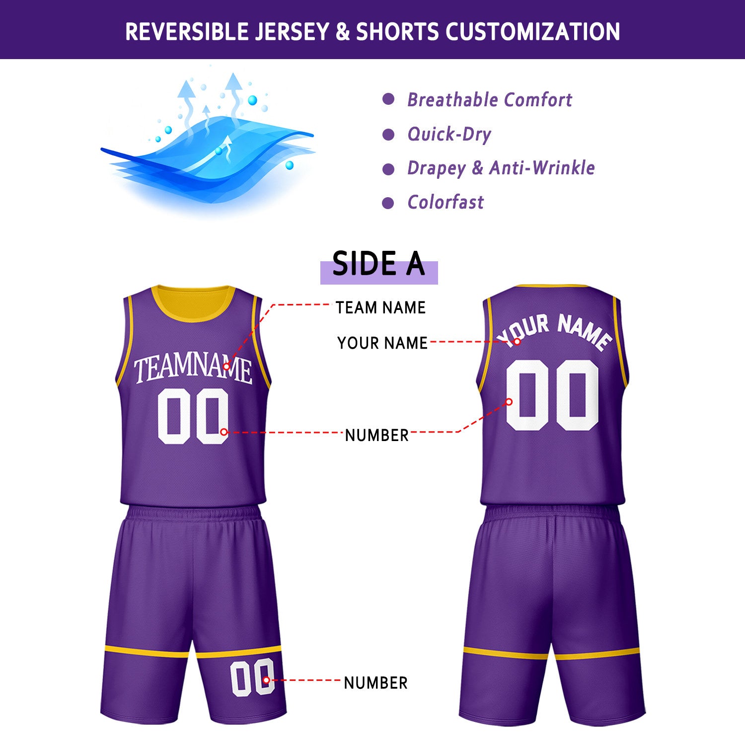 Custom Purple & Gold Reversible Basketball Jersey Shorts Set | Personalized Team Uniform