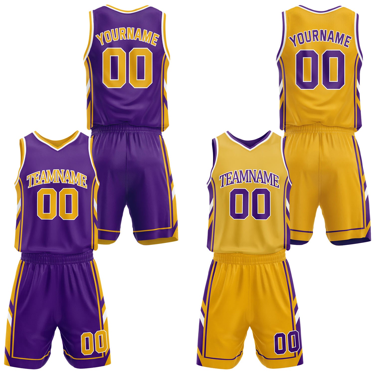 Custom purple and gold reversible basketball uniform by Vosoli. Personalized with team name, number, and logo. Breathable mesh jersey and shorts for high school, college, and AAU teams.