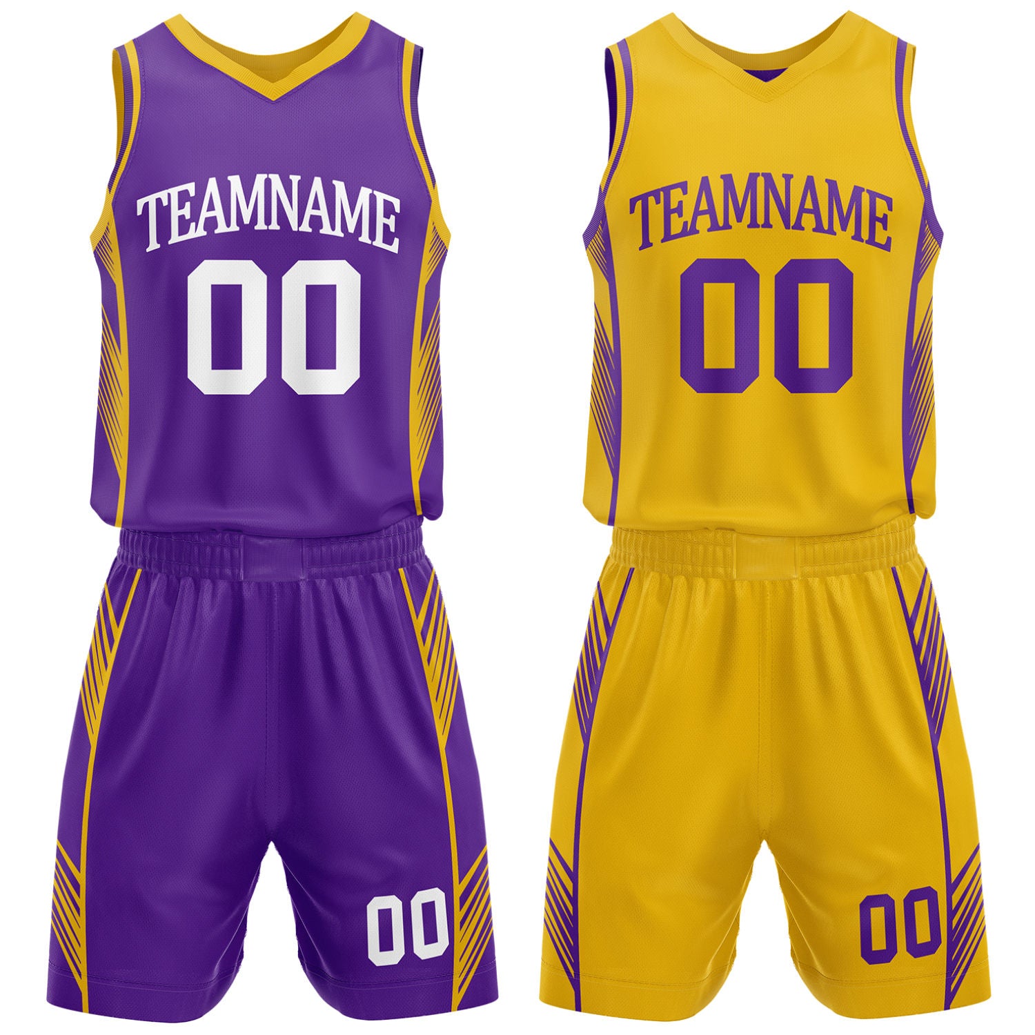 Custom purple and gold reversible basketball uniform by Vosoli. Personalized with team name, number, and logo. Breathable mesh jersey and shorts for high school, college, and AAU teams.