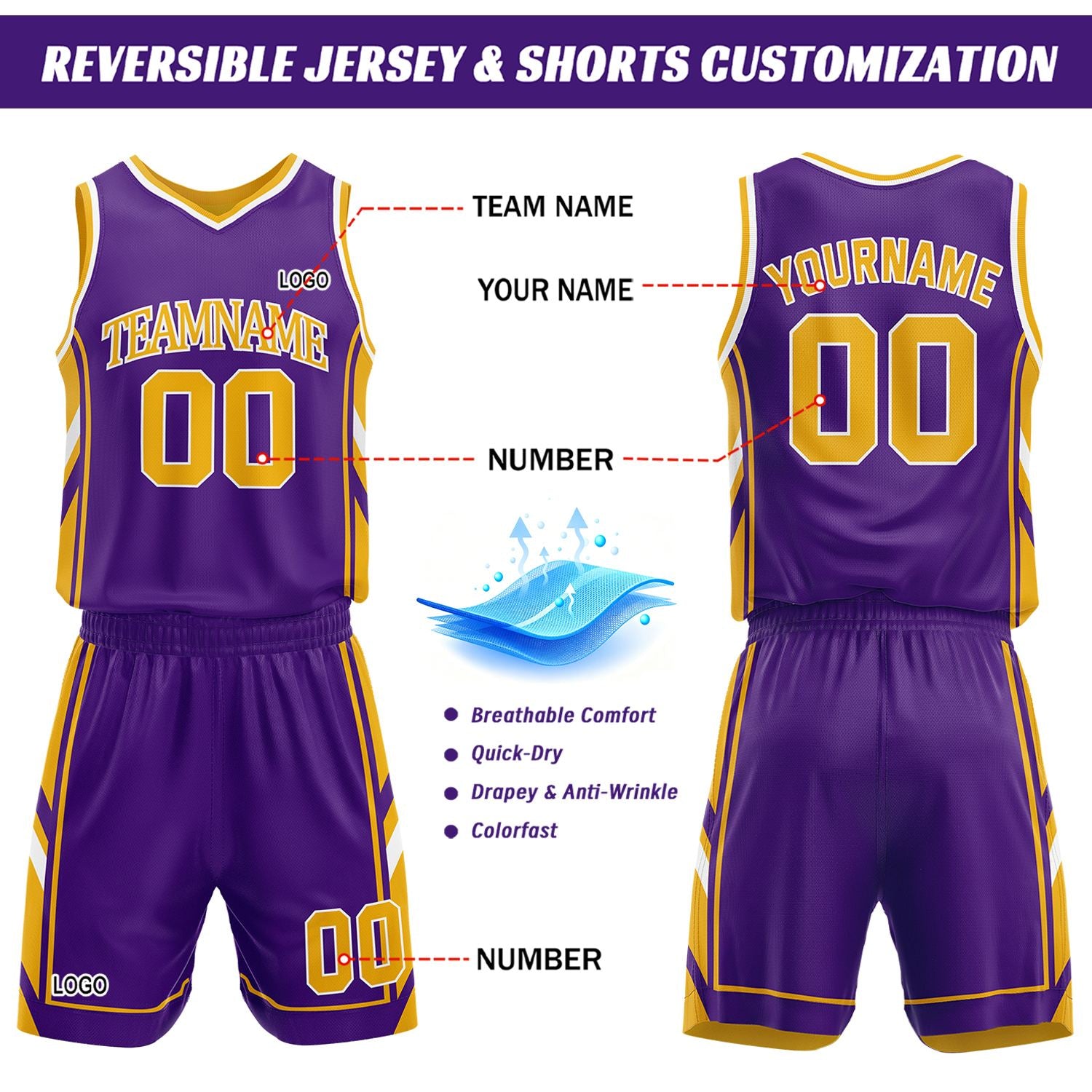 Custom Purple & Gold Reversible Basketball Uniform Set | Personalized Name Number Sports Jersey Shorts Kit