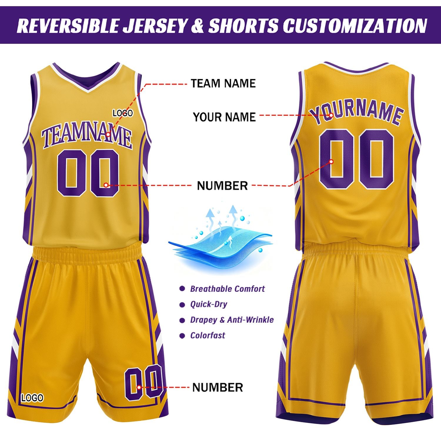Custom Purple & Gold Reversible Basketball Uniform Set | Personalized Name Number Sports Jersey Shorts Kit