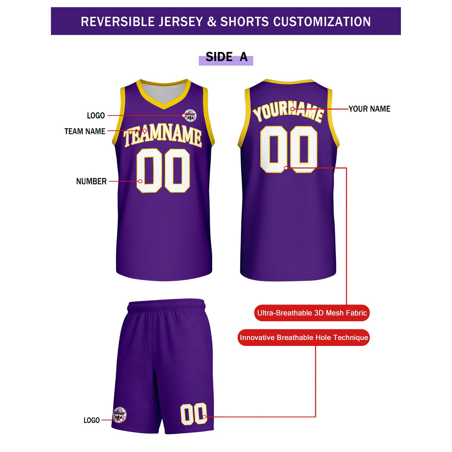 Custom Purple & Gold-White Reversible Basketball Uniform Set | Personalized Team Name & Number - Vosoli