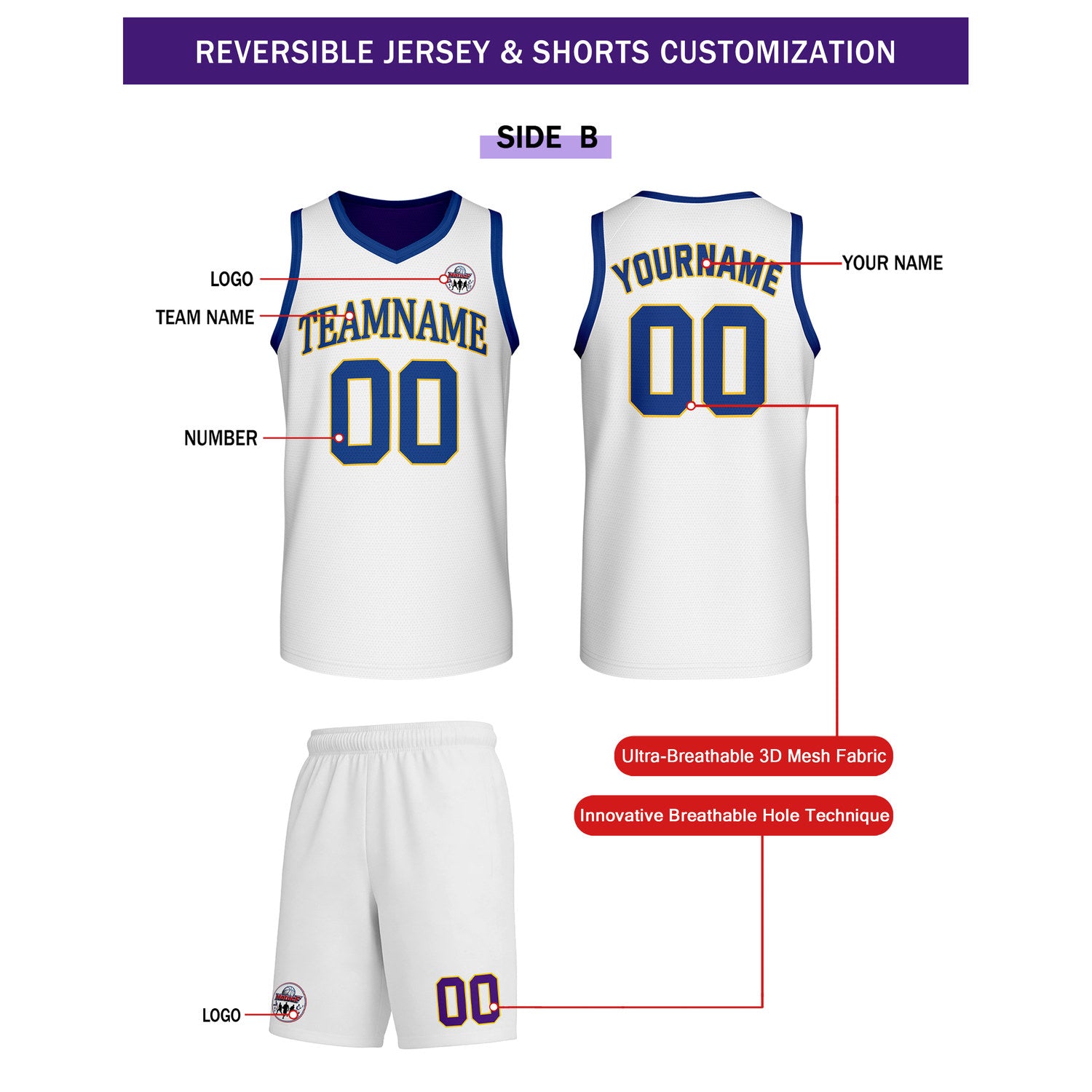 Custom Purple & Gold-White Reversible Basketball Uniform Set | Personalized Team Name & Number - Vosoli