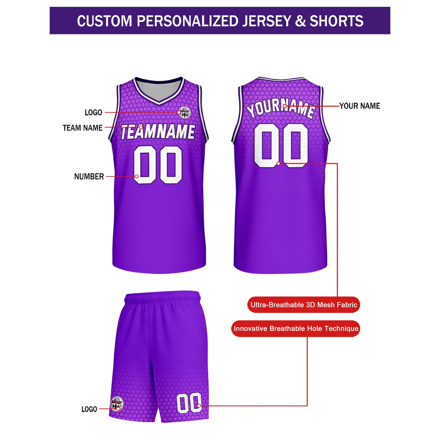 Custom Purple Honeycomb Basketball Uniform Set | Personalized Team Name & Number - Vosoli