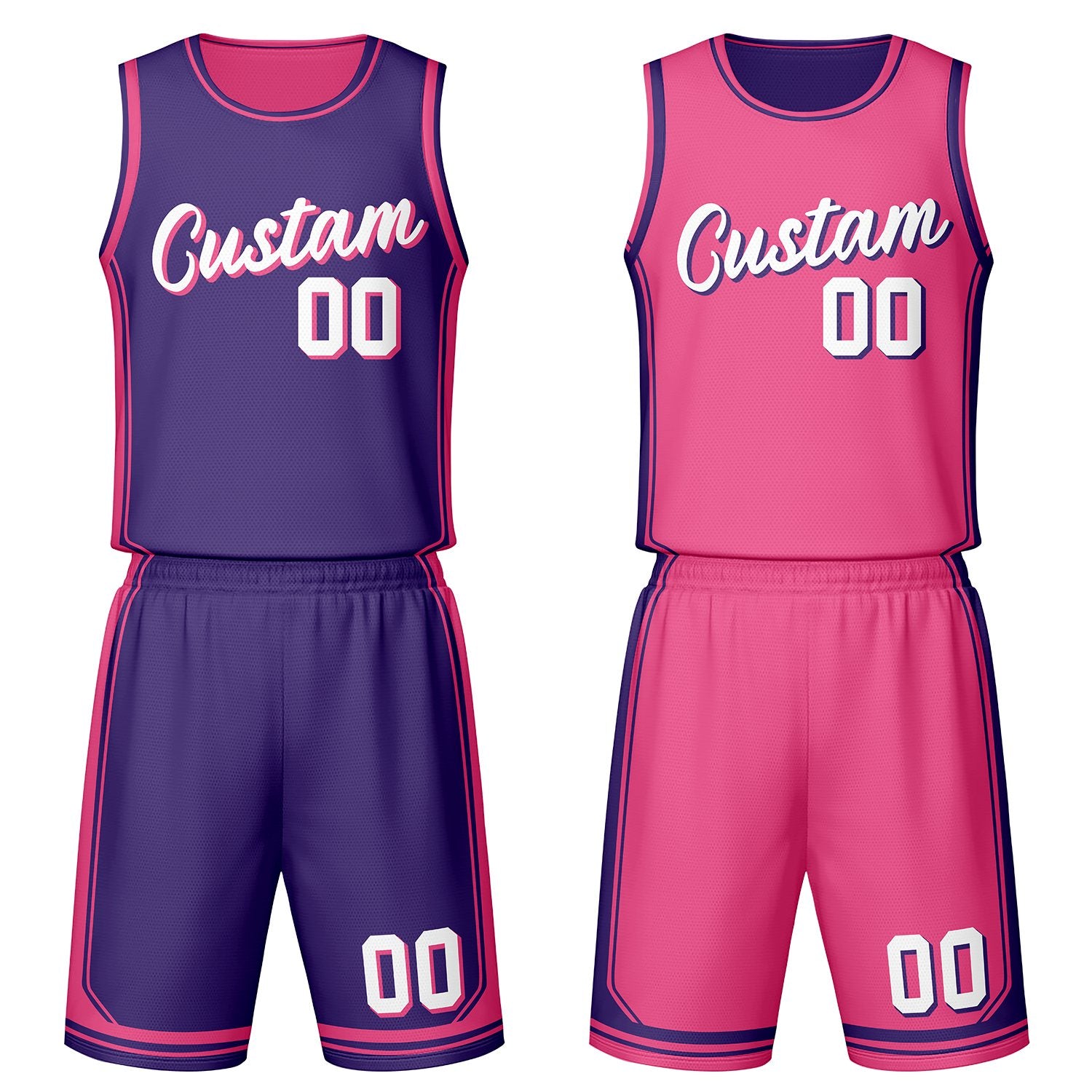 Custom purple & hot pink reversible basketball jersey set with shorts by Vosoli | Personalized team name, number & logo | Breathable mesh sport jersey uniform