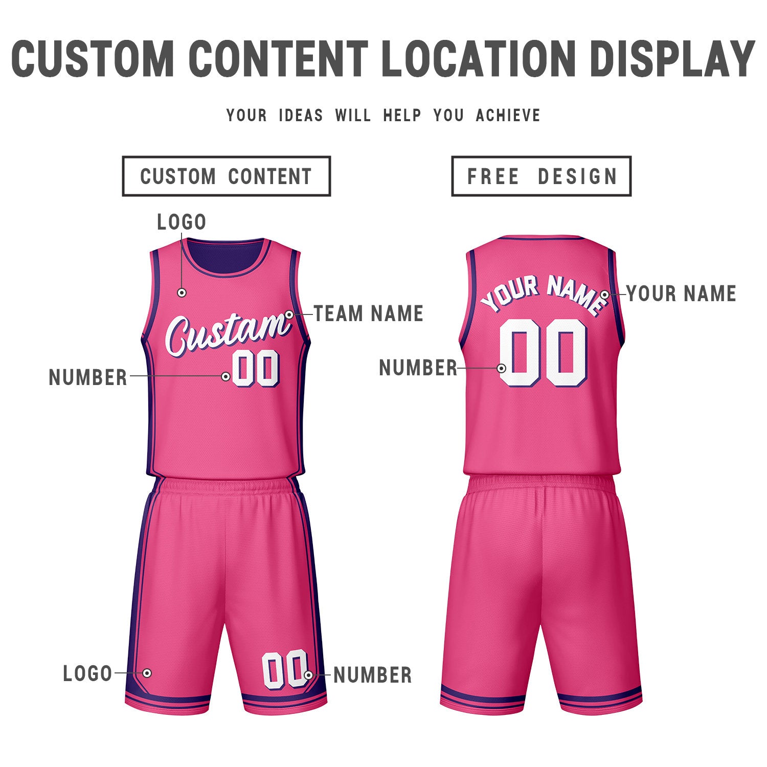 Custom Purple Hot Pink Reversible Basketball Jersey Set | Personalized Name Number Mesh Sports Uniform