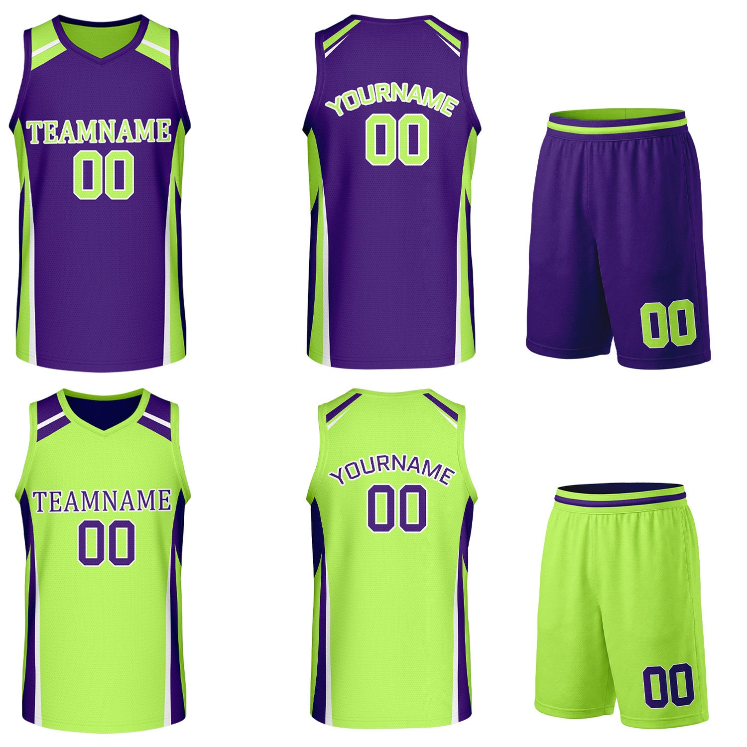 Custom purple and lime green reversible basketball uniform by Vosoli. Personalized with team name, number, and logo. Breathable mesh jersey and shorts for high school, college, and AAU teams.
