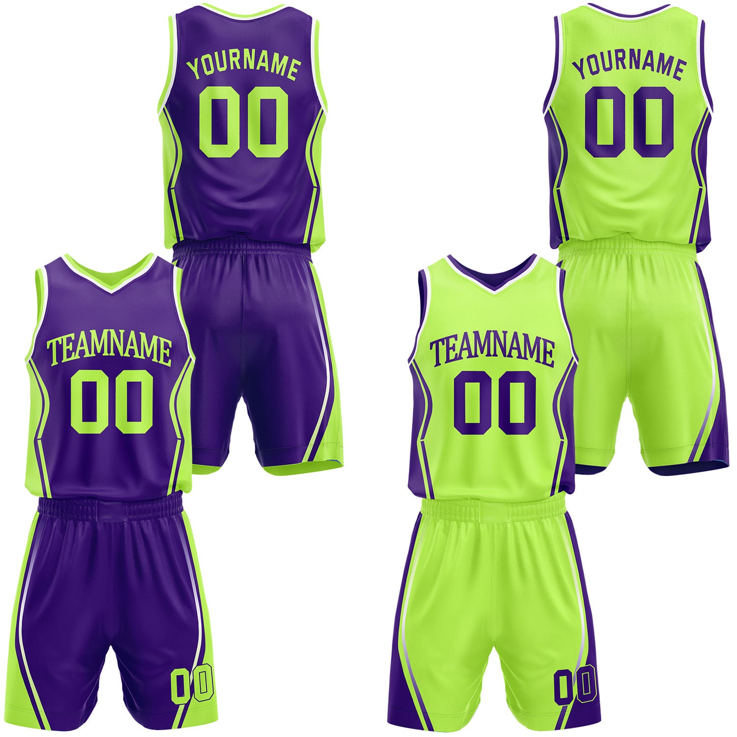 Custom purple & lime green reversible basketball jersey shorts set by Vosoli | Personalized block team name number geometric uniform sportswear