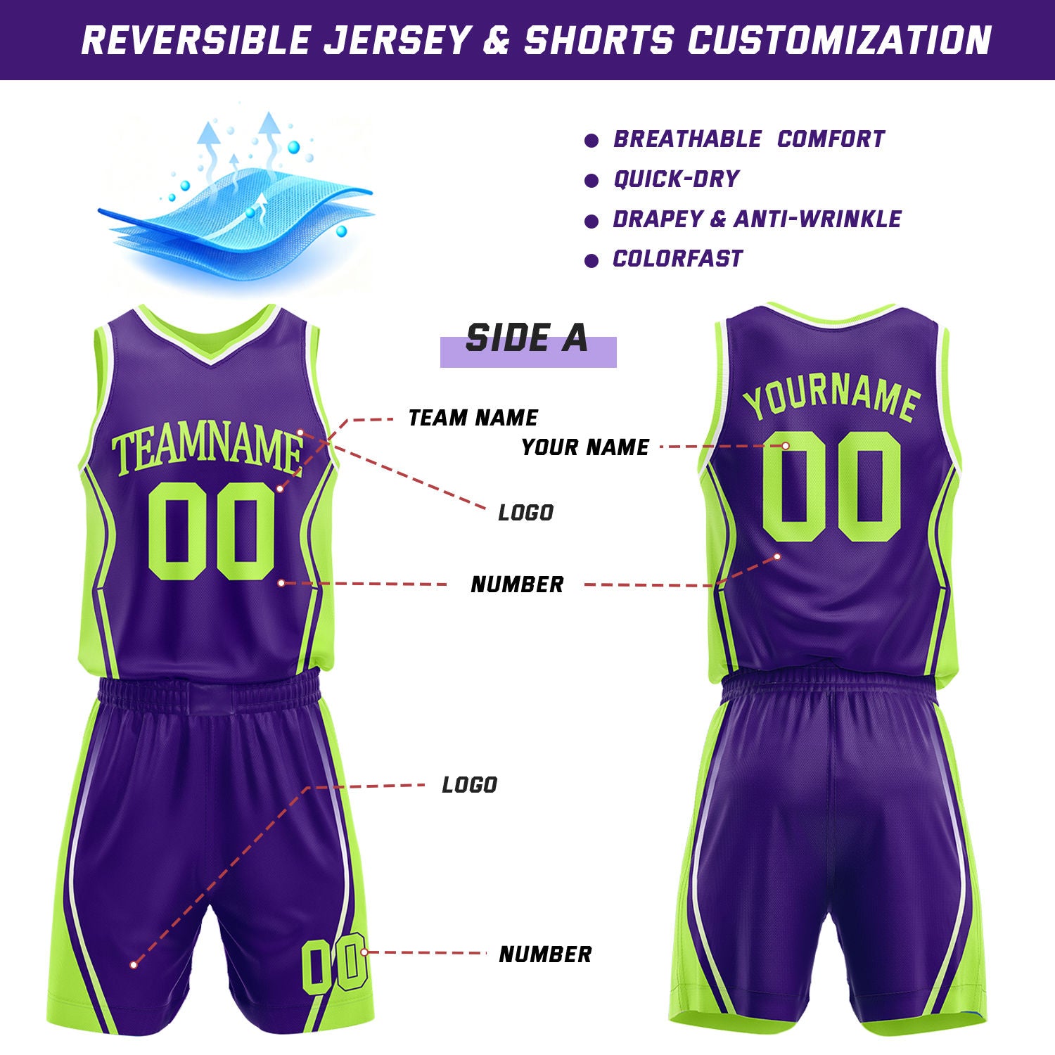 Custom Purple & Lime Green Reversible Geometric Basketball Jersey Shorts Set | Personalized Team Uniform