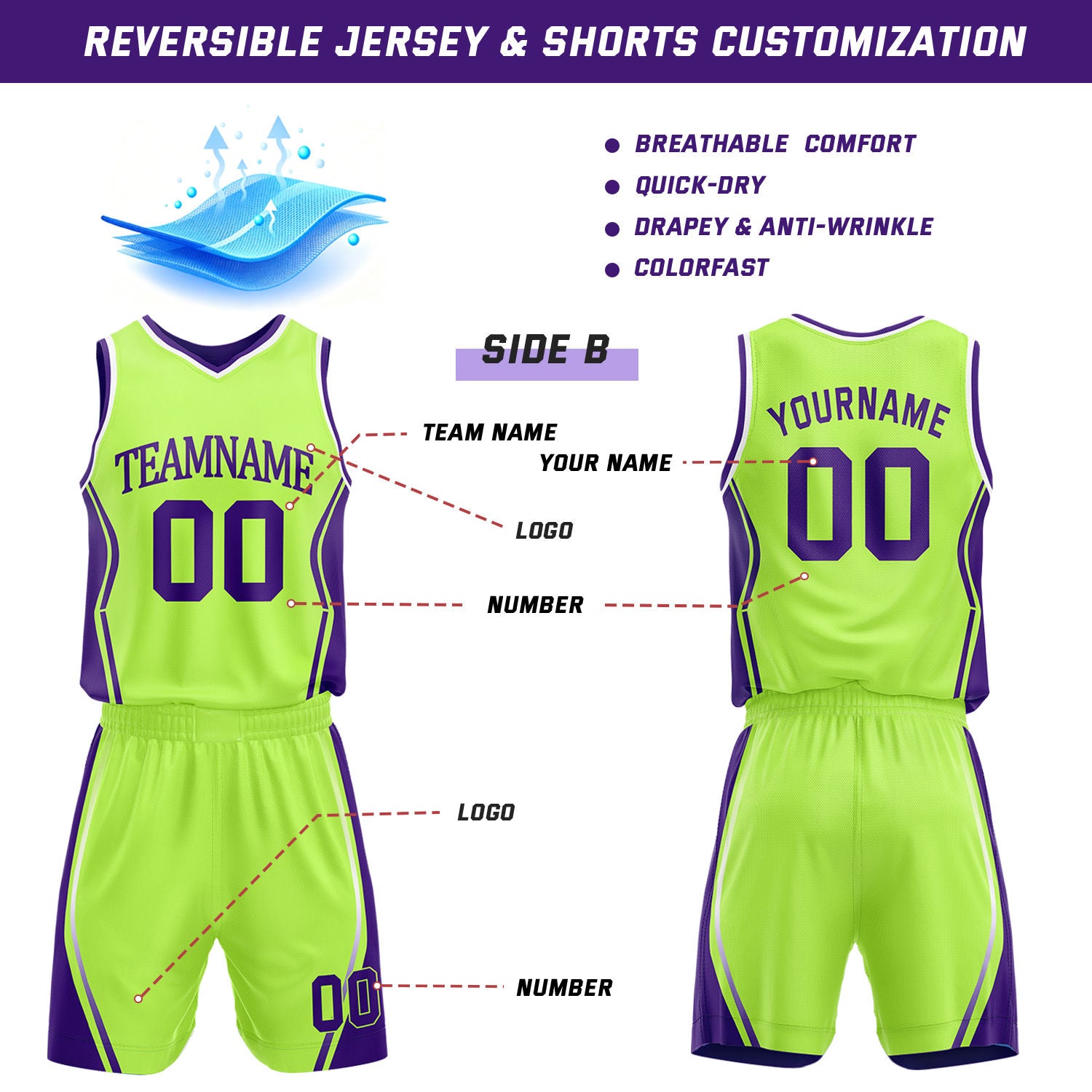 Custom Purple & Lime Green Reversible Geometric Basketball Jersey Shorts Set | Personalized Team Uniform