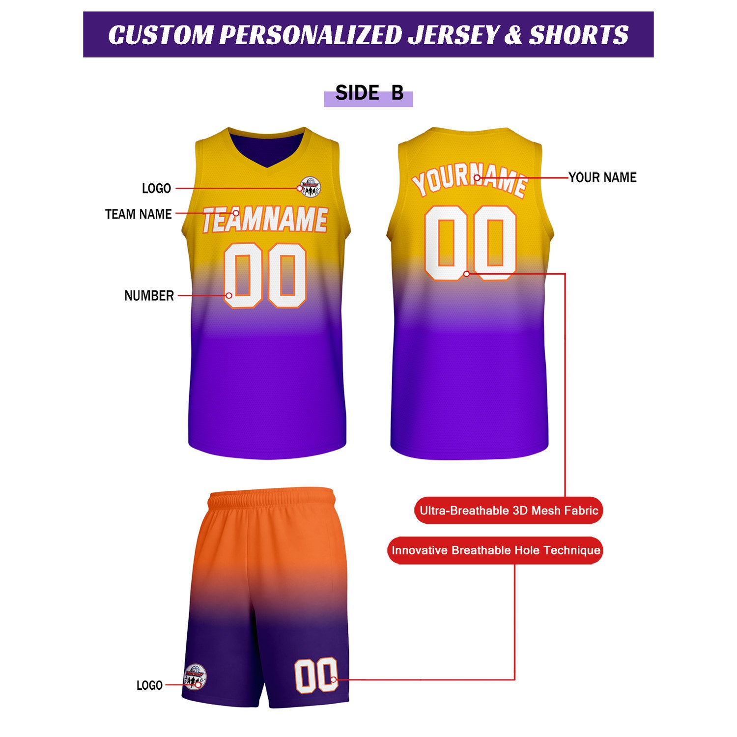 Custom Purple-Orange-Yellow Gradient Basketball Uniform Set | Personalized Team Name & Number - Vosoli