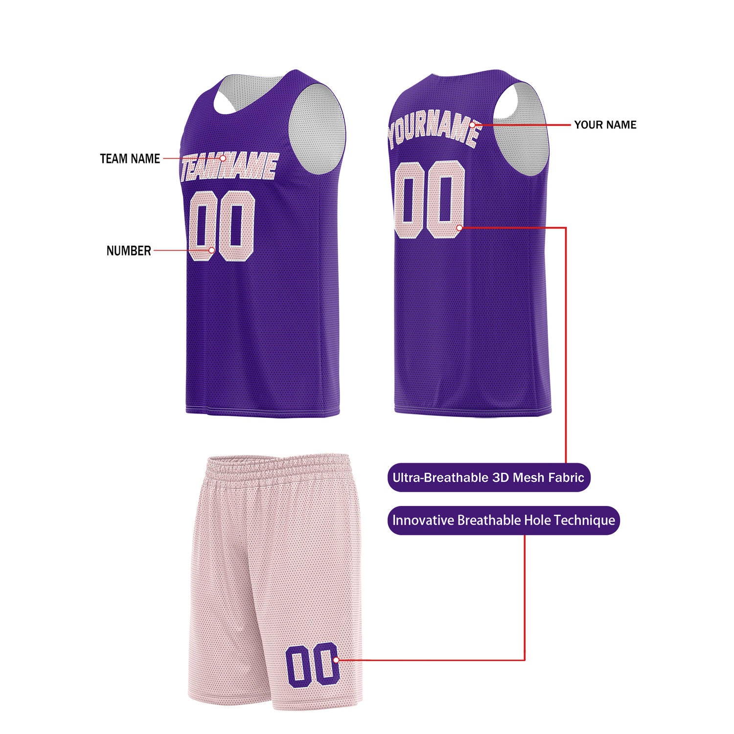 Custom Purple & Pale Pink Basketball Jersey + Shorts Set - Personalized Team Name, Number | Vosoli