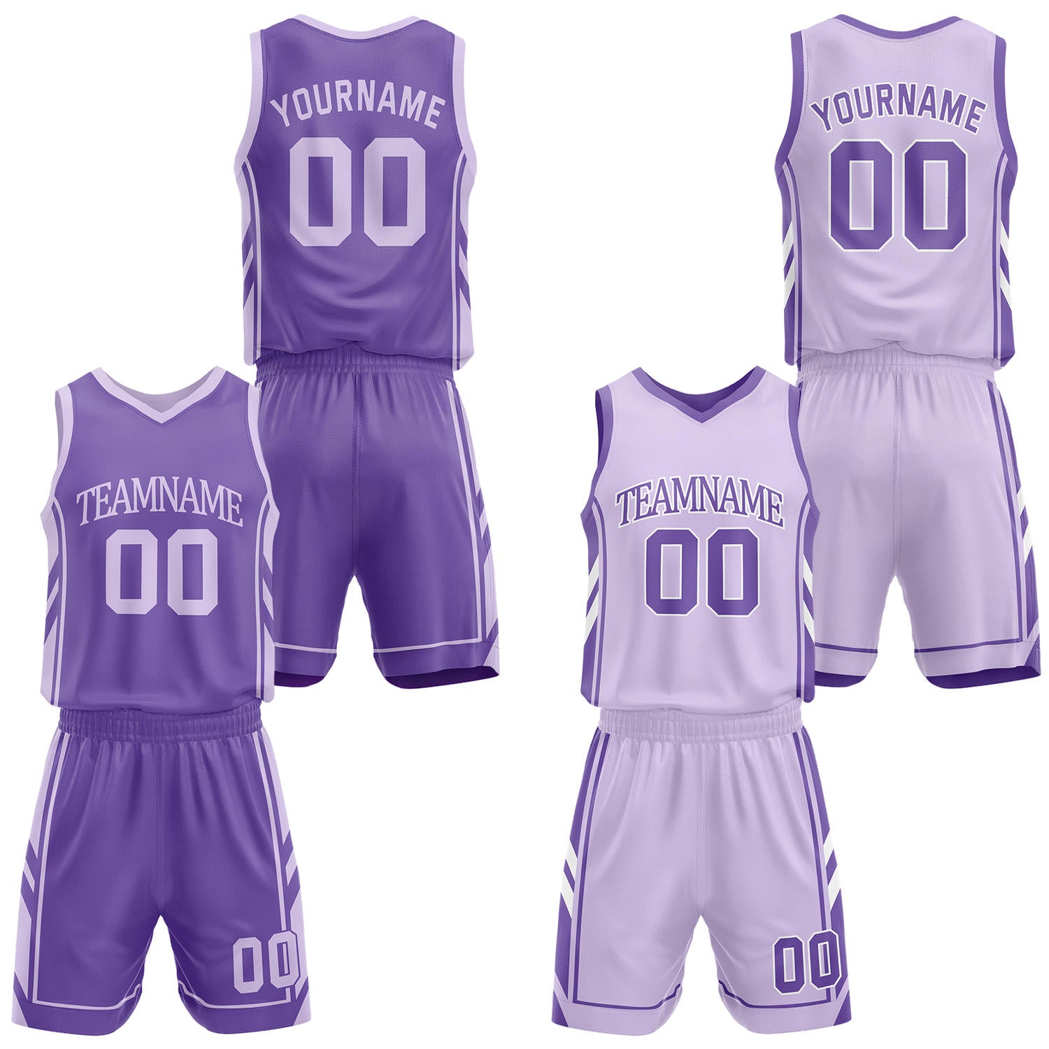 Custom dark purple & light purple reversible basketball uniform set by Vosoli | Personalized team name, number & logo | Breathable mesh jersey and shorts sport set