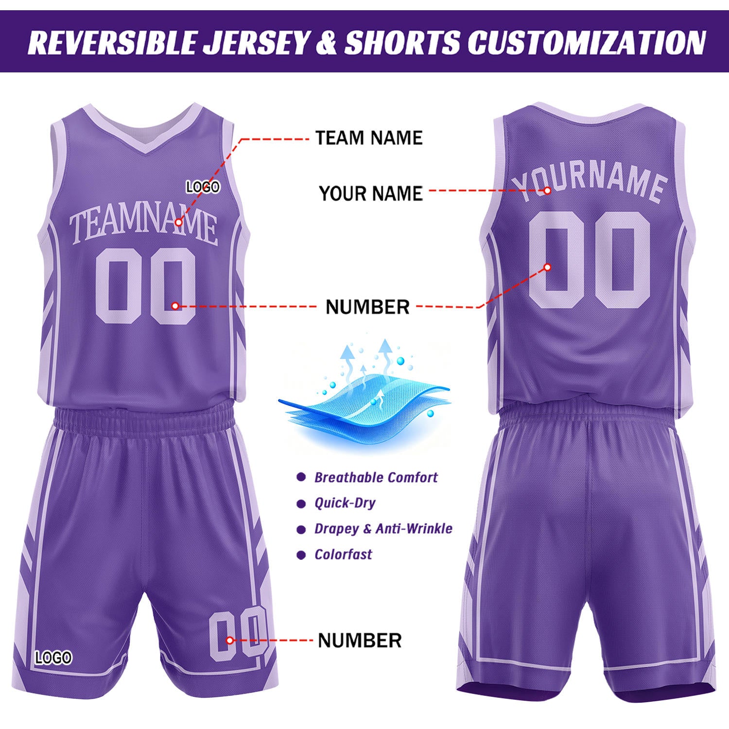 Custom Purple Reversible Basketball Uniform Set | Personalized Name Number Mesh Jersey Shorts Kit