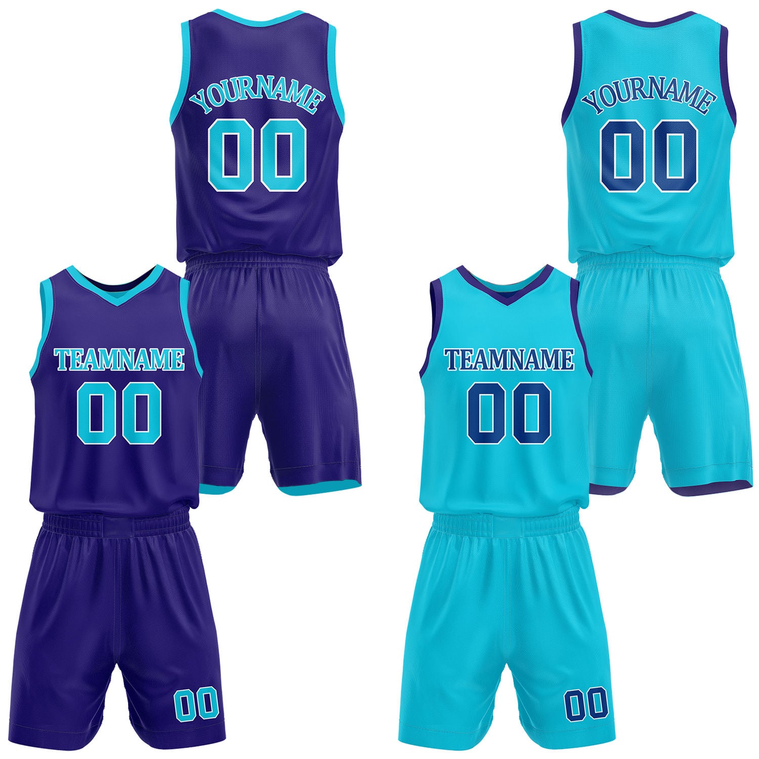 Custom purple & teal reversible basketball jersey shorts set by Vosoli | Personalized team name number casual uniform sportswear