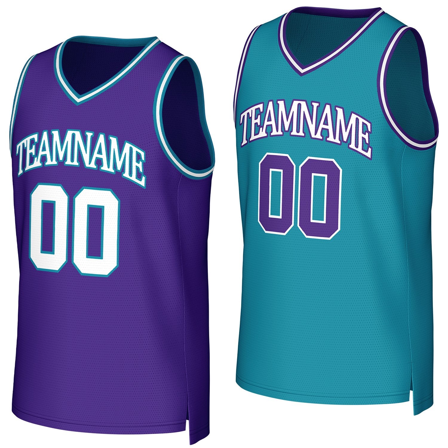 Custom purple & teal reversible basketball jersey by Vosoli | Personalized team name & number sportswear