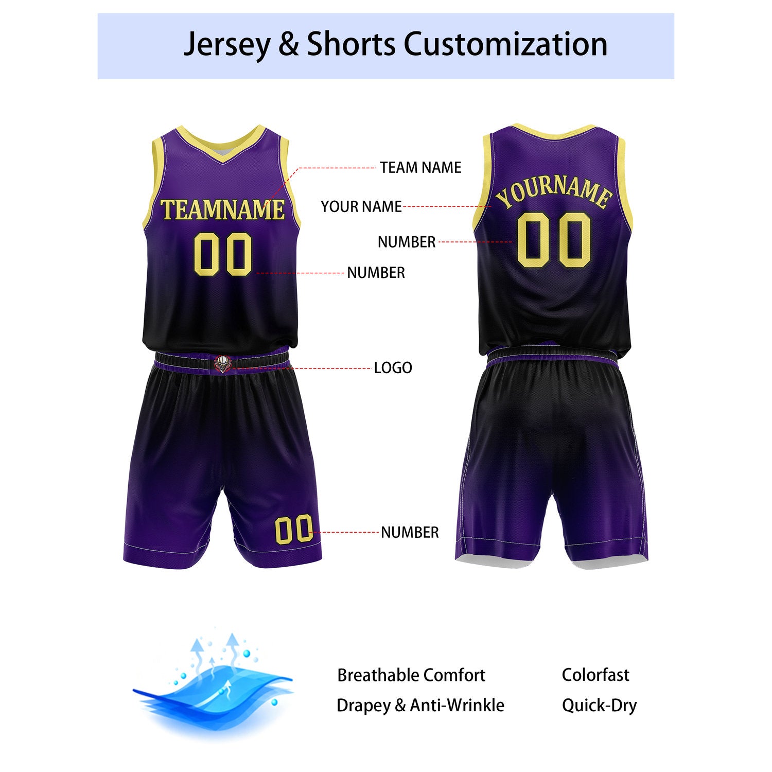 Custom Purple & Black Gradient Basketball Jersey + Shorts Set - Personalized Team Name, Number & LOGO | Vosoli
