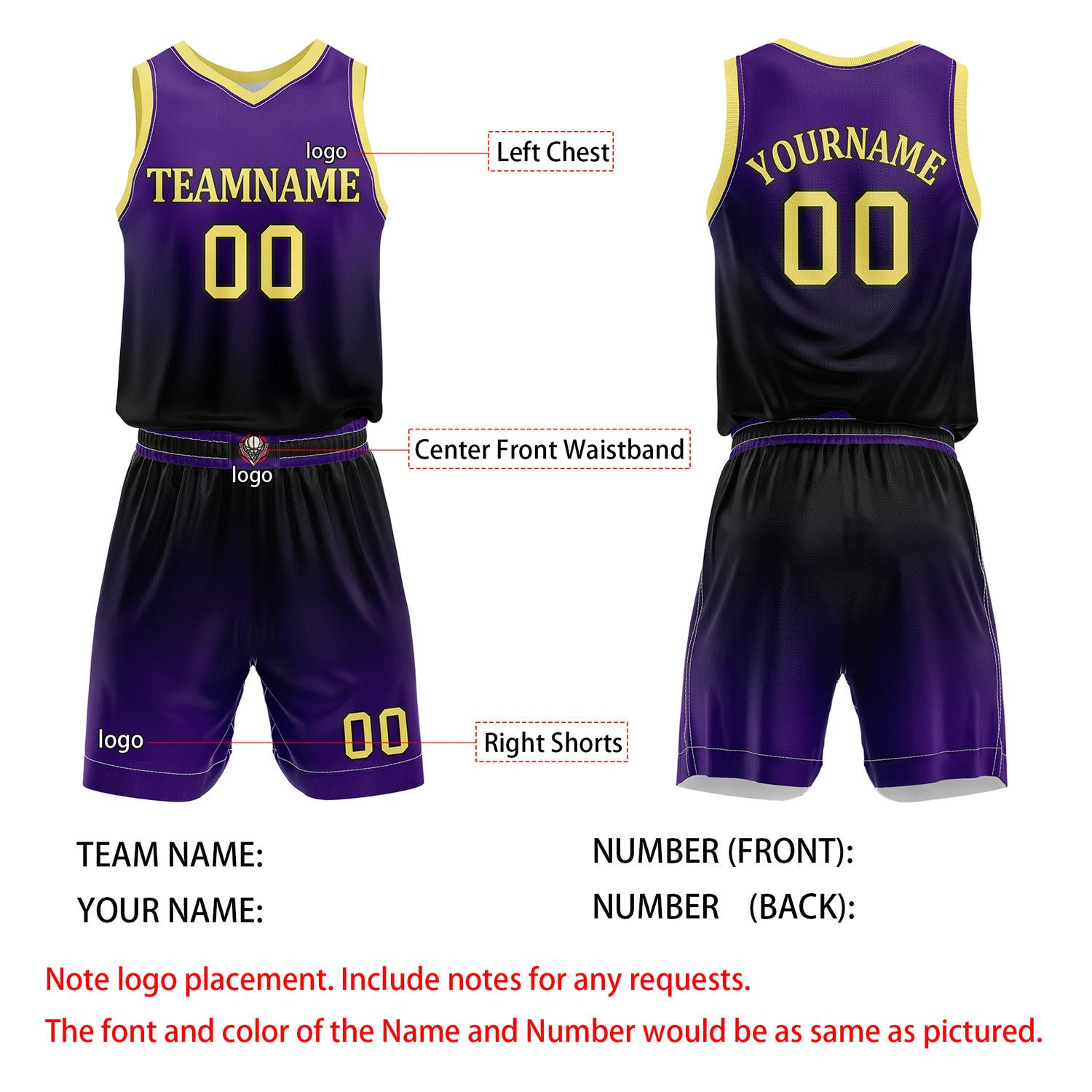 Custom Purple & Black Gradient Basketball Jersey + Shorts Set - Personalized Team Name, Number & LOGO | Vosoli