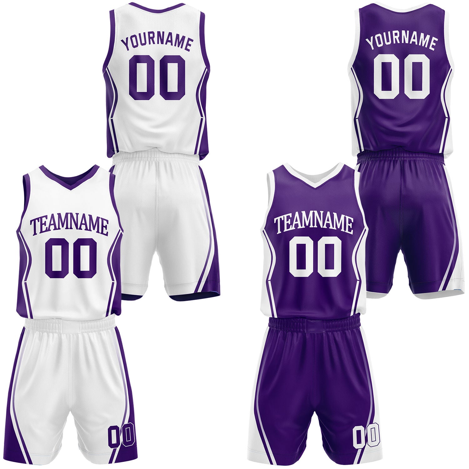 Custom purple & white reversible basketball jersey shorts set by Vosoli | Personalized block team name number geometric uniform sportswear