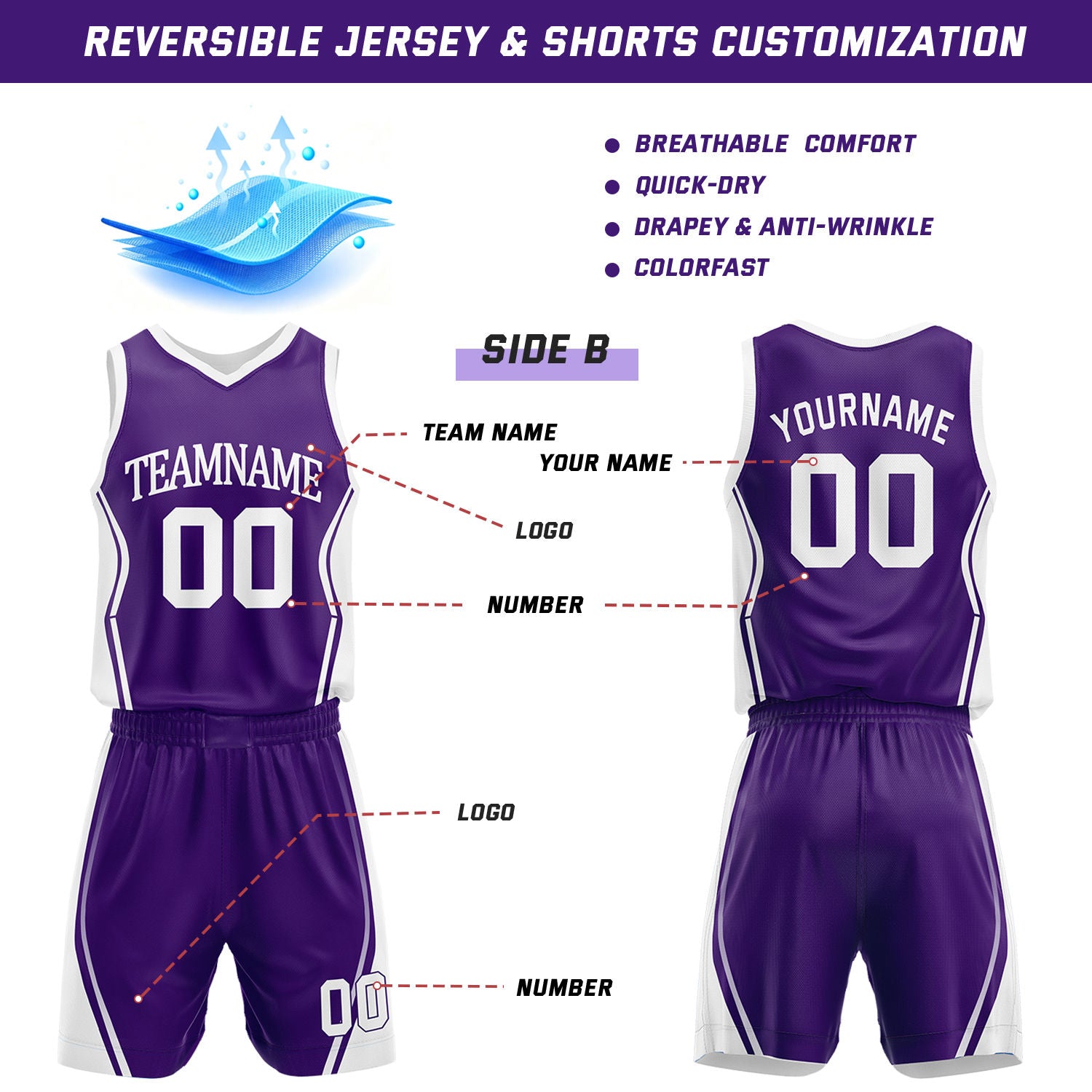 Custom Purple & White Reversible Geometric Basketball Jersey Shorts Set | Personalized Team Uniform