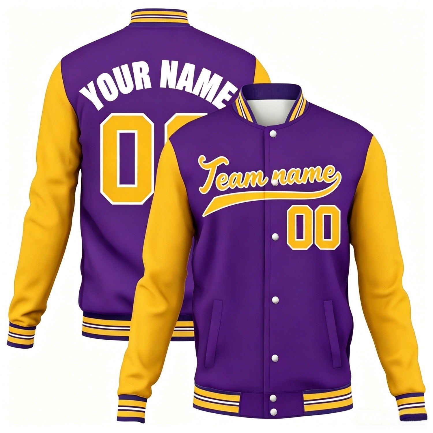 Custom purple-yellow contrast sleeve stitched varsity baseball jacket by Vosoli | Personalized team name & number jacket for youth & adults