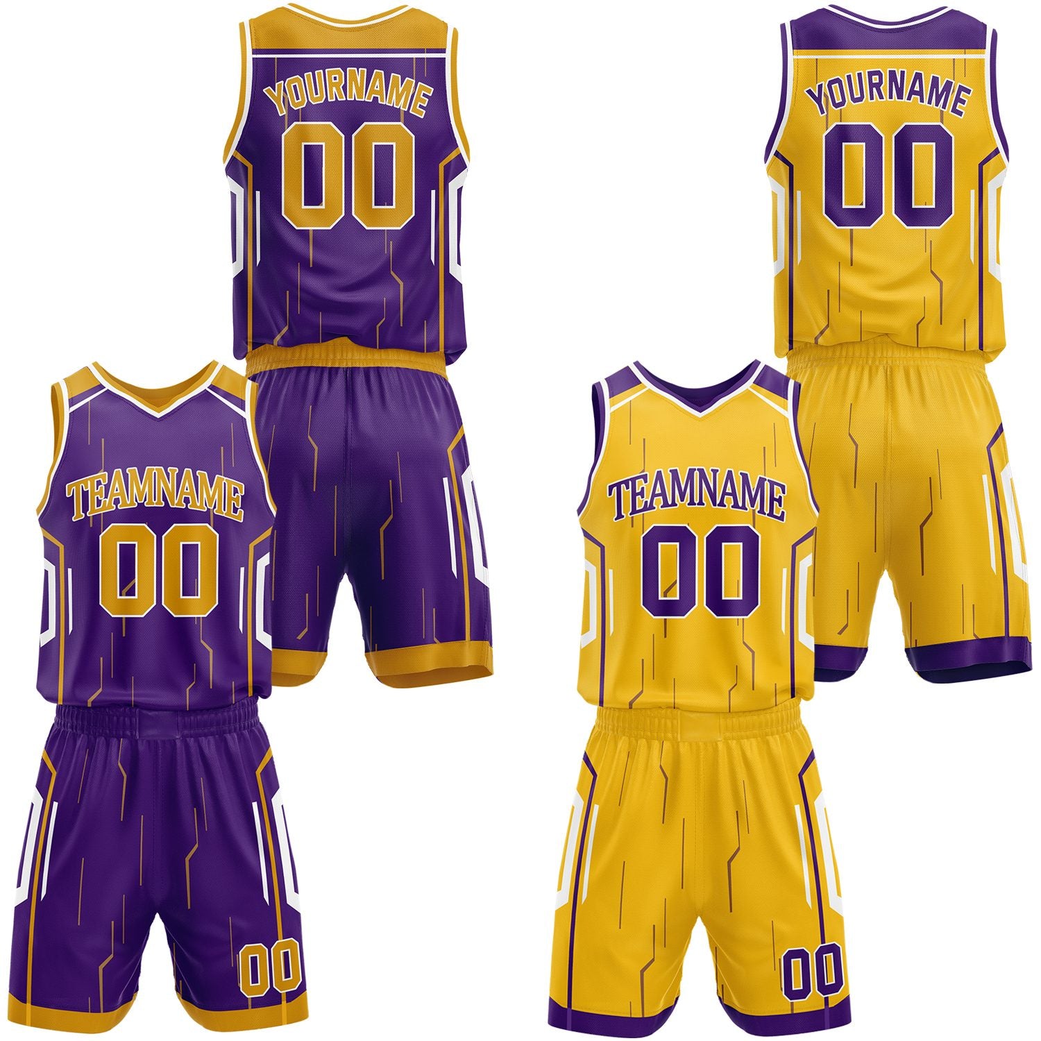 Custom purple & yellow reversible basketball jersey shorts set by Vosoli | Personalized block team name number tech geometric uniform sportswear