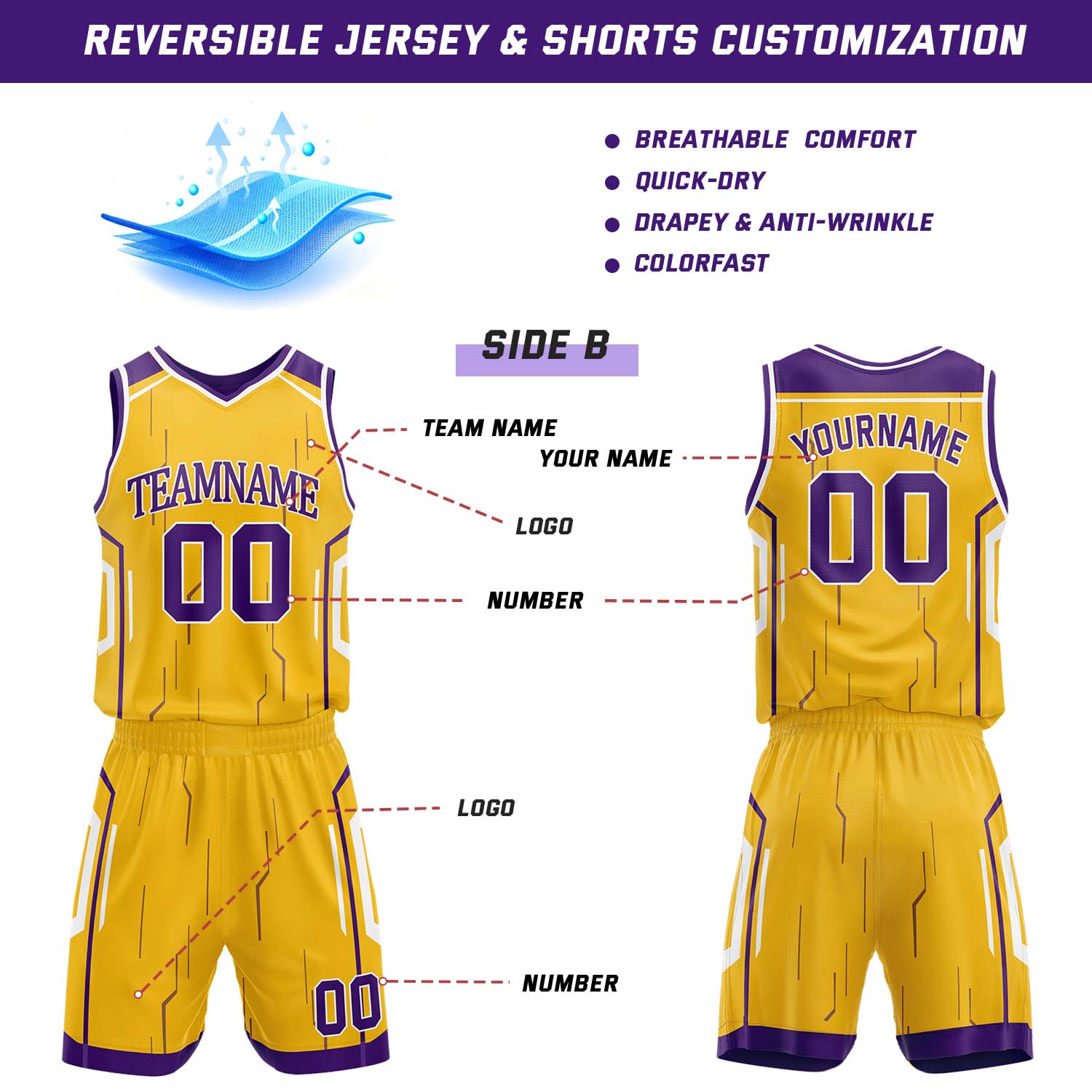 Custom Purple & Yellow Reversible Geometric Basketball Jersey Shorts Set | Personalized Team Uniform