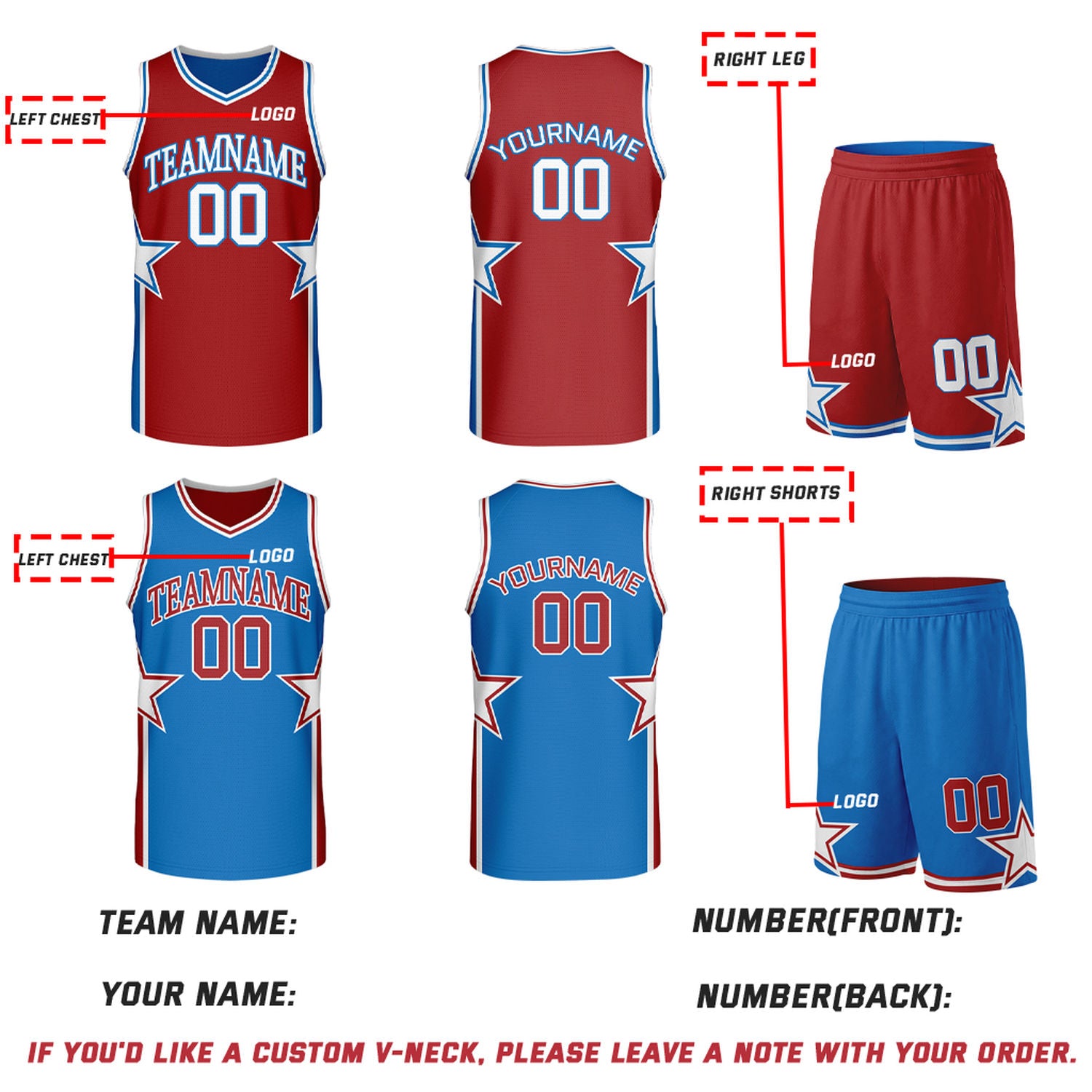 Custom Red & Blue Star Graphic Reversible Basketball Uniform Set | Breathable Mesh Jersey & Shorts for Team Sports