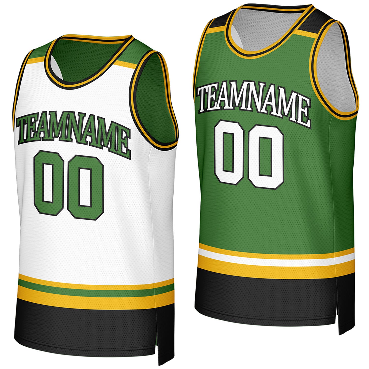custom rec league basketball jerseys white green reversible by Vosoli, Personalized team name, number & logo.