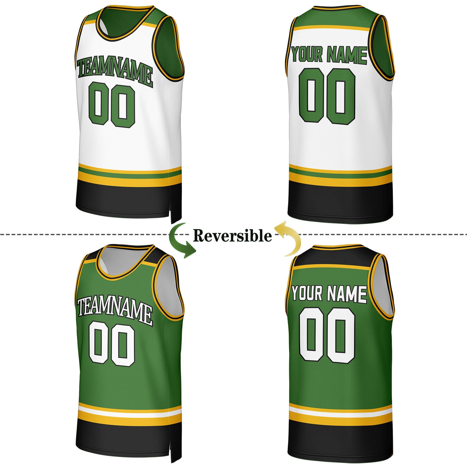 Custom White & Green Striped Reversible Basketball Jersey | Personalized Team Jerseys with Name, Number & Logo