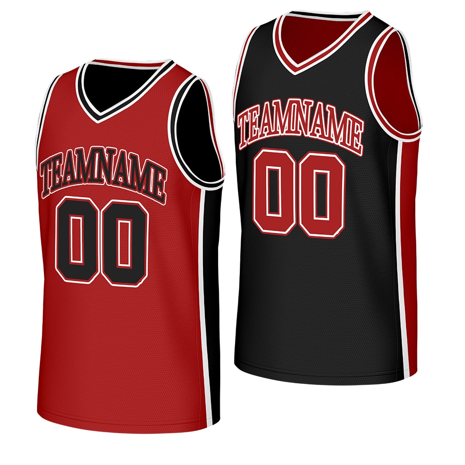 custom recreational basketball team jerseys red black reversible by Vosoli, Personalized team name, number & logo. Fast delivery.