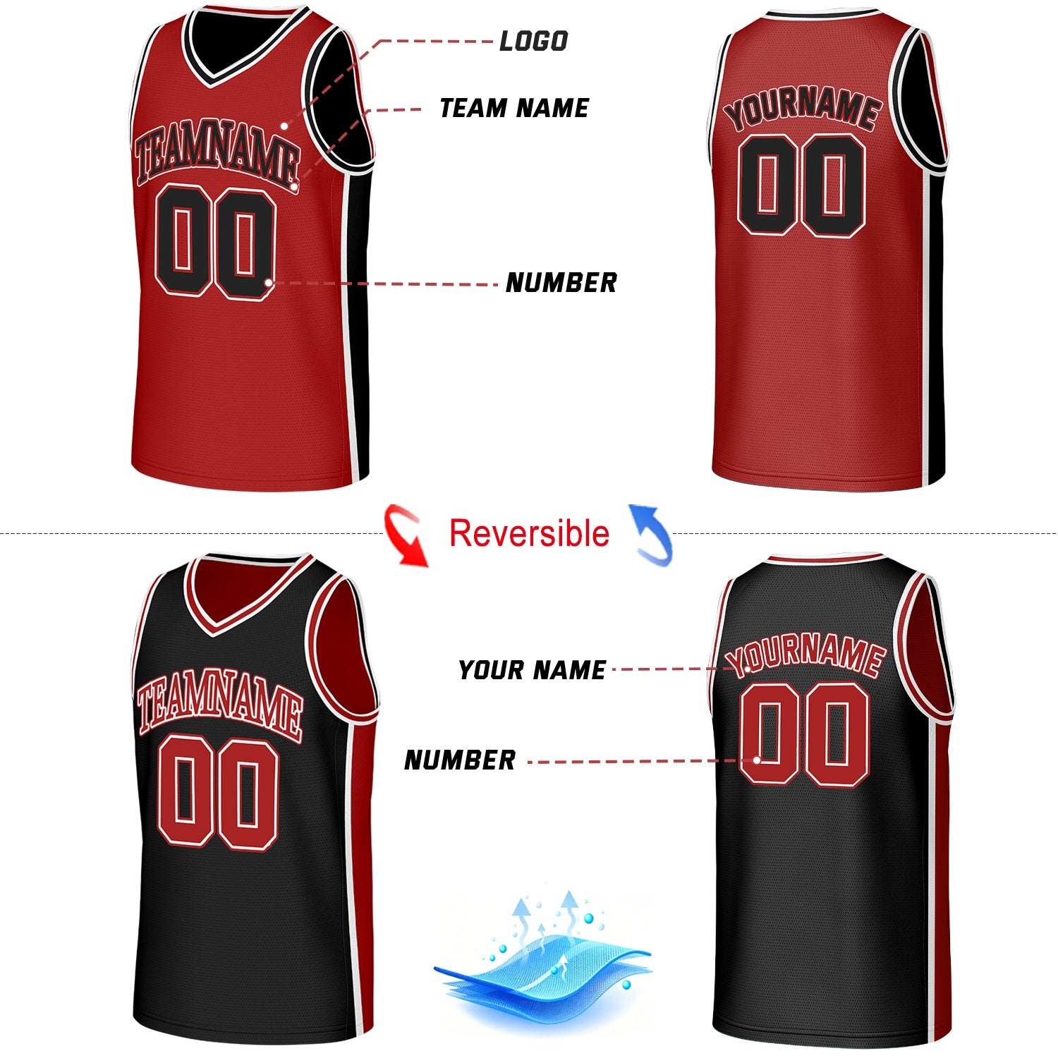 Custom Red & Black Reversible Basketball Jersey | Personalized Team Jerseys with Name Number Logo