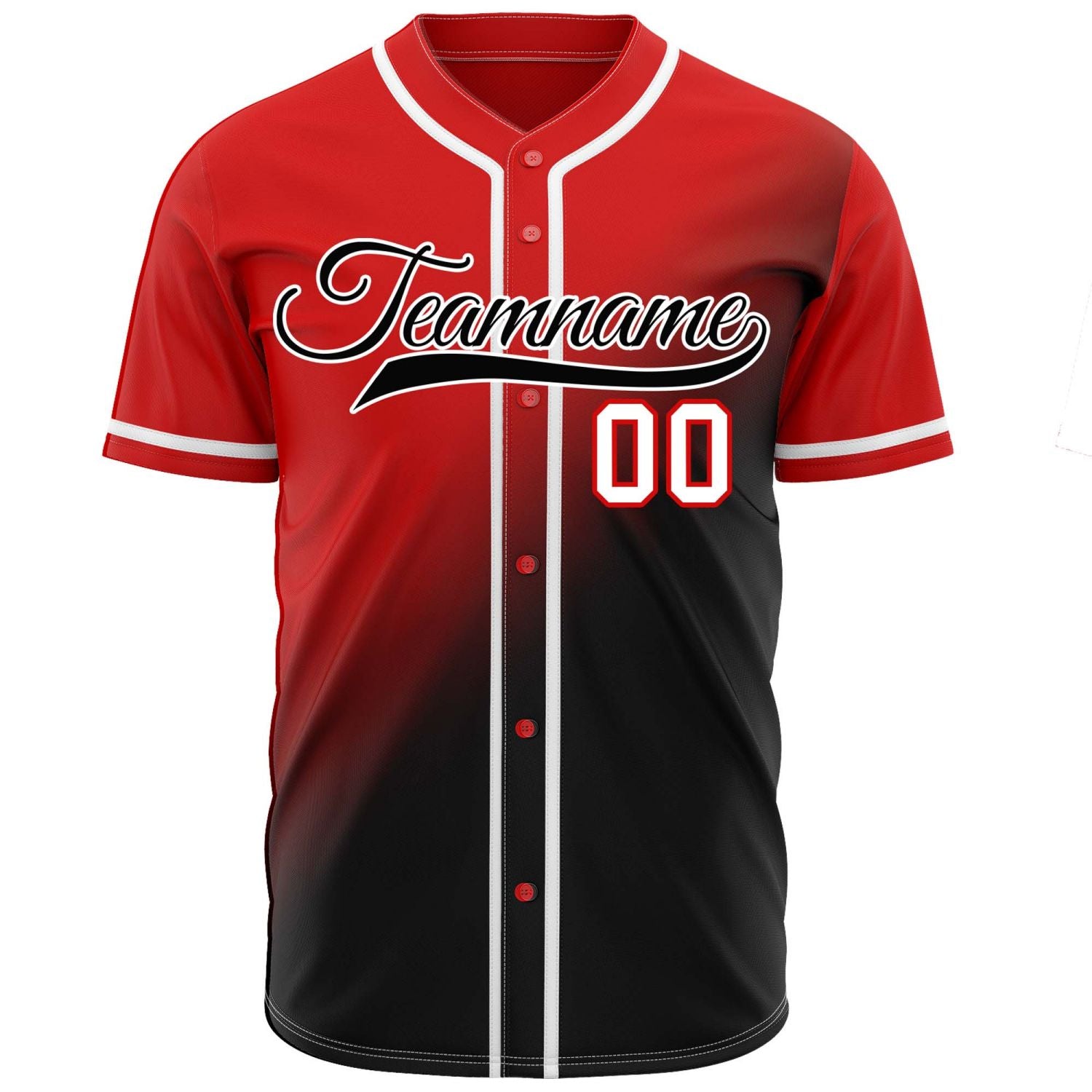 Custom red to black gradient baseball jersey, button-front style with white trim, suitable for team sports and casual wear - Vosoli