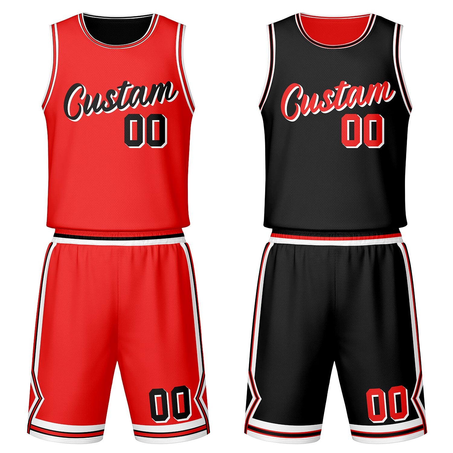 Custom red & black reversible basketball jersey set with shorts by Vosoli | Personalized team name, number & logo | Breathable mesh sport jersey uniform