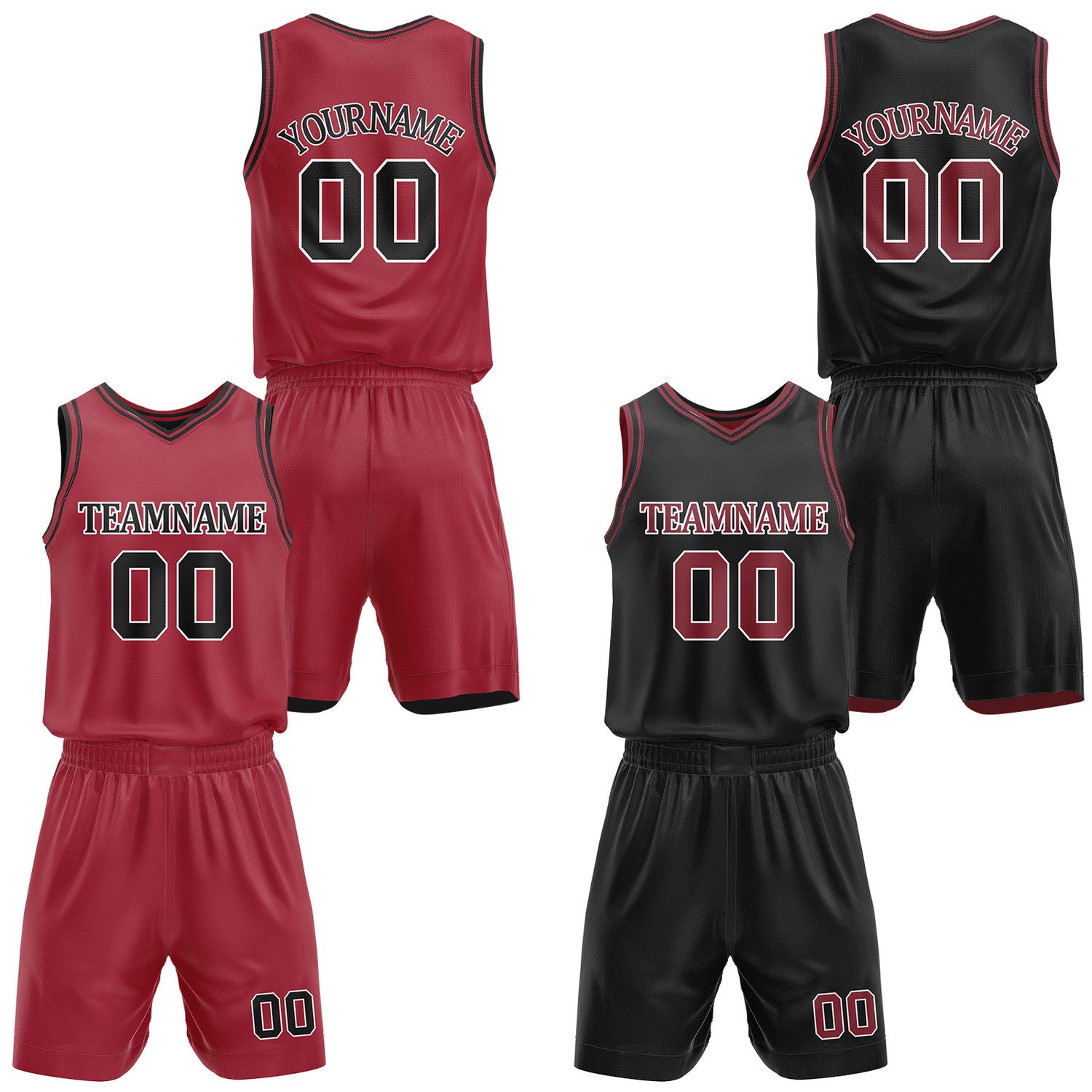 Custom red & black reversible basketball jersey shorts set by Vosoli | Personalized team name number casual uniform sportswear