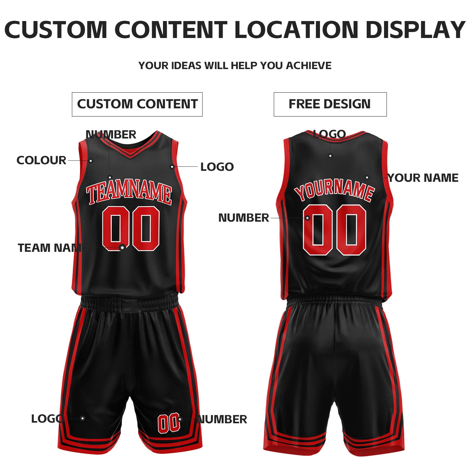 Custom Red & Black Reversible Basketball Jersey Shorts Set | Personalized Full Vintage Team Uniform