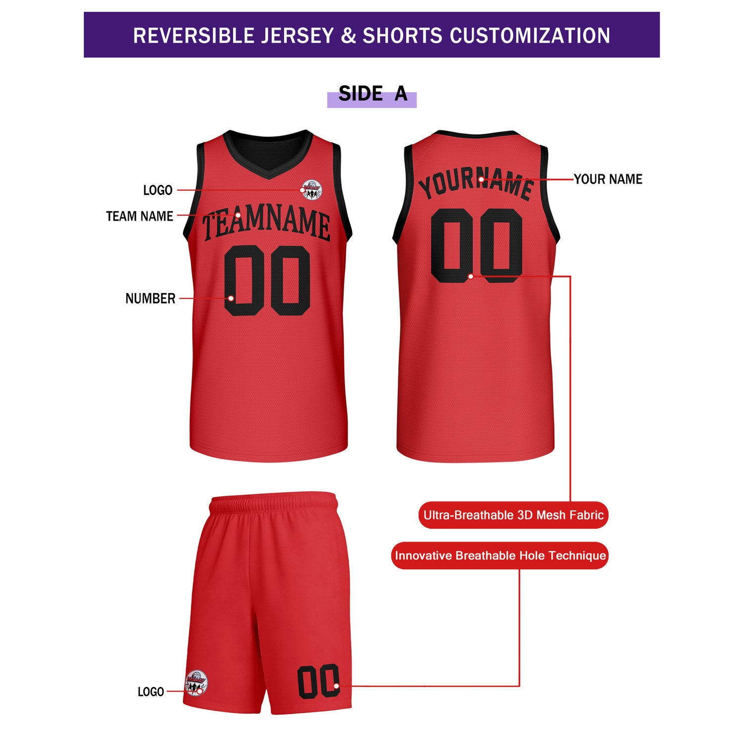 Custom Red & Black Reversible Basketball Uniform Set | Personalized Team Name & Number - Vosoli
