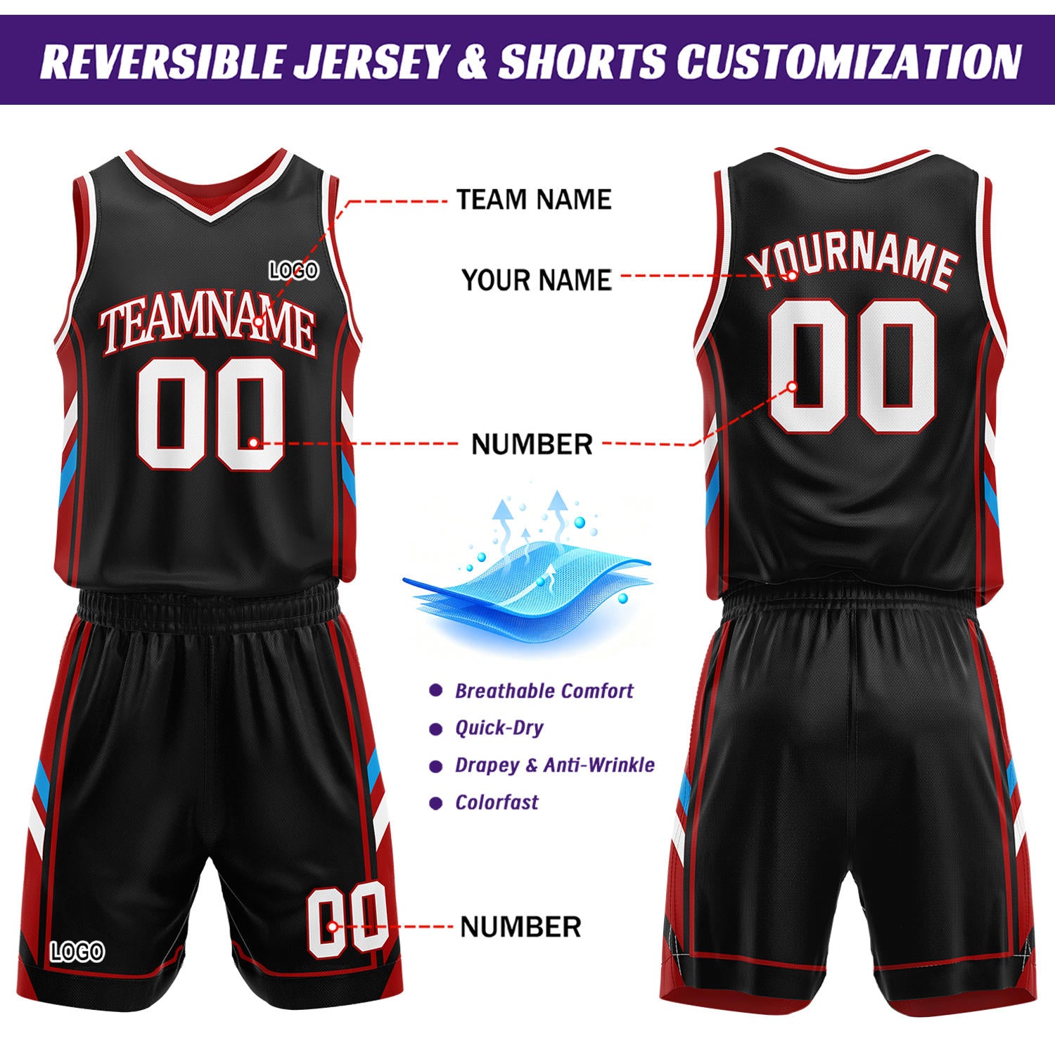 Custom Red & Black Reversible Basketball Uniform Set | Personalized Name Number Sports Jersey Shorts Kit