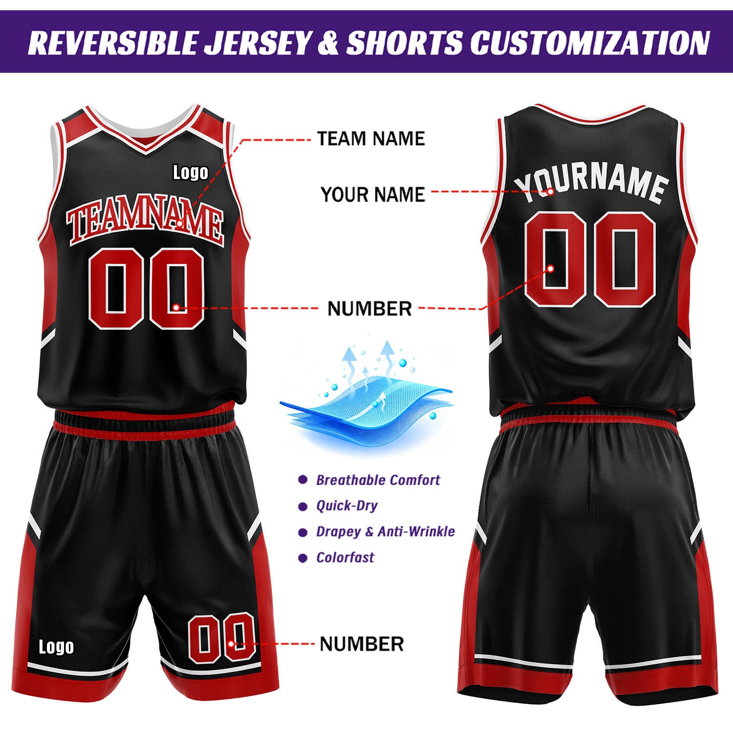 Custom Reversible Basketball Uniform Set | Red & Black V-Neck Sleeveless Jersey & Athletic Shorts
