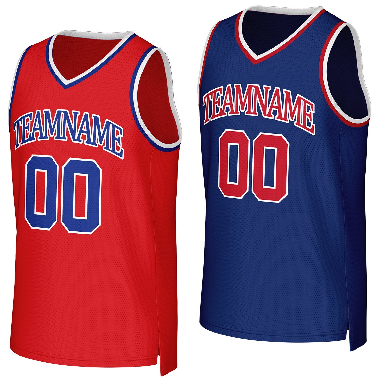 Custom red & blue reversible basketball jersey by Vosoli | Personalized team name & number sportswear